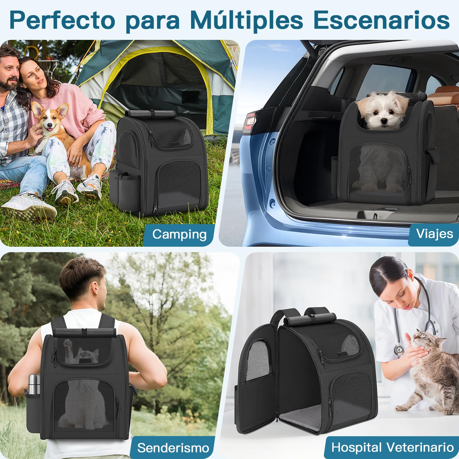 Mochila para Gatos Perros, Mochila Transportin Gato Perro 10kg, Ventanas de Malla Transpirable Bolso para Perros Pequeños Gatos Mascotas con Correa de Seguridad y Alfombra para Mascotas - Negro