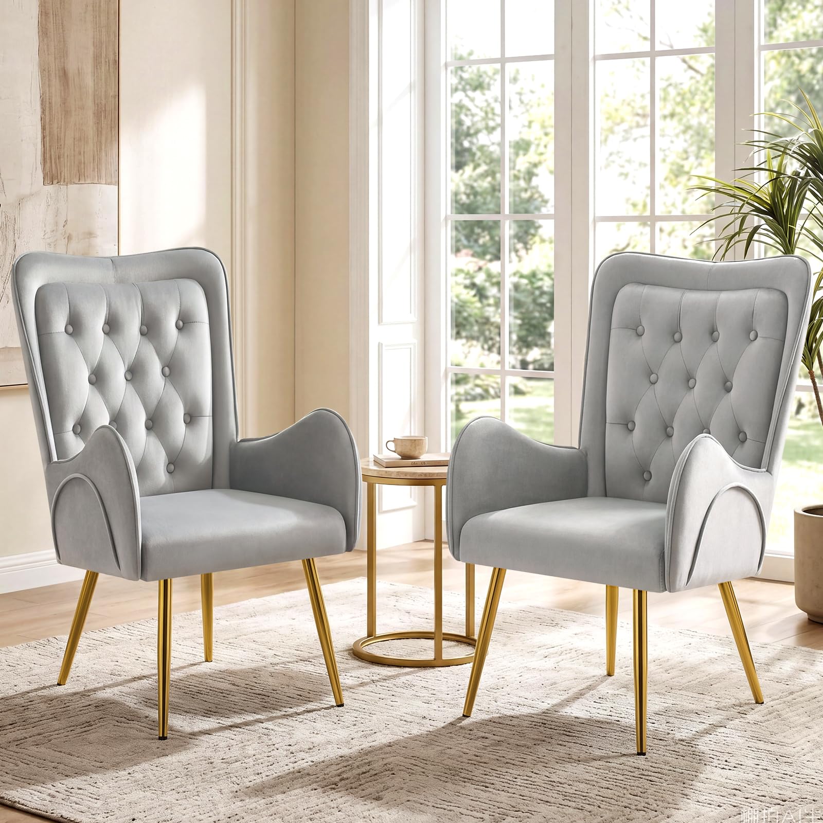 Hellove Armchair with Double Back, Set of 2 Velvet Accent Vanity Chair with Gold Metal Legs, Tufted Button Wingback Armchair for Living Room, Comfy High Back Reading Chair for Bedroom, Grey
