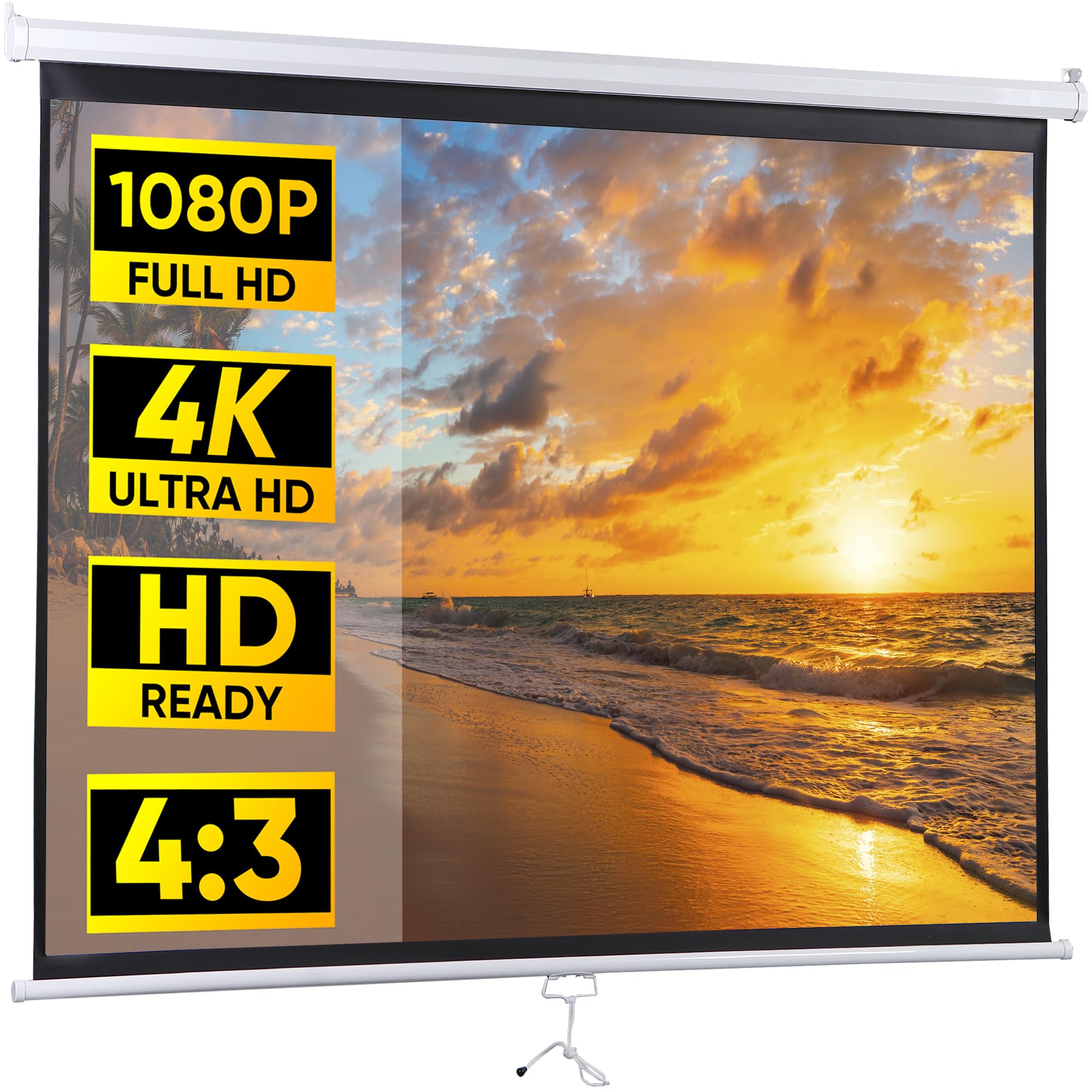 72" HD 4:3 Manual Projector Screen 1.1 Format with Auto Lock Anti-Crease Home Theater Office Wall Mounted Ceiling Pull Down Projection 1.1 Gain Matte White, View Size: 57 x 43 inches