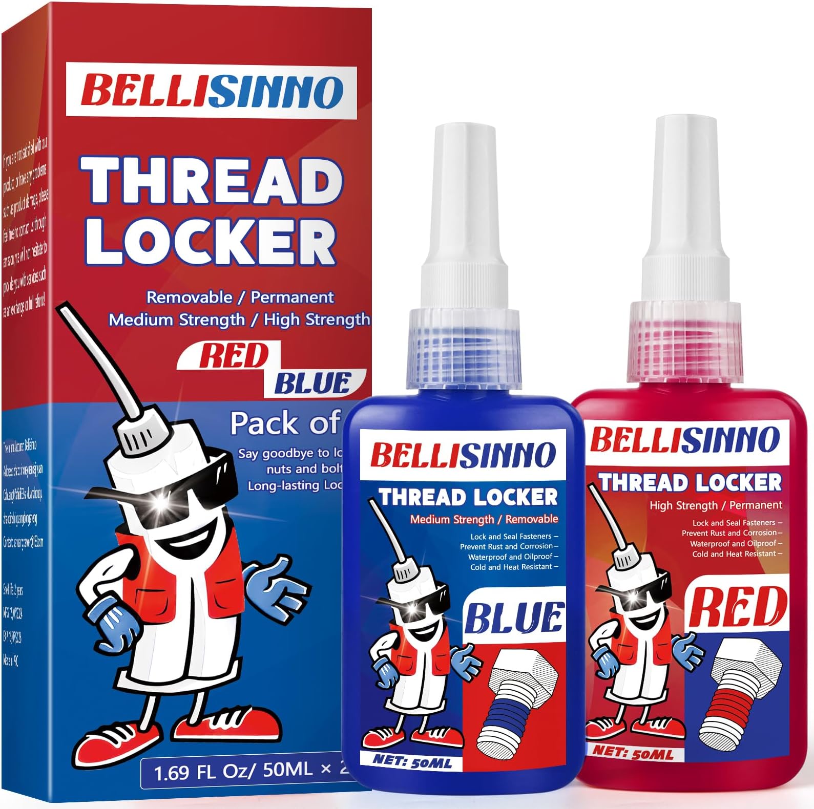 Thread Lock Blue and Red, Medium and Strong Strength Threadlocker, Thread Locker for Nuts, Bolts, Fasteners and Metals, Anaerobic Curing Screw Glue to Prevent Loosening (Blue and Red)