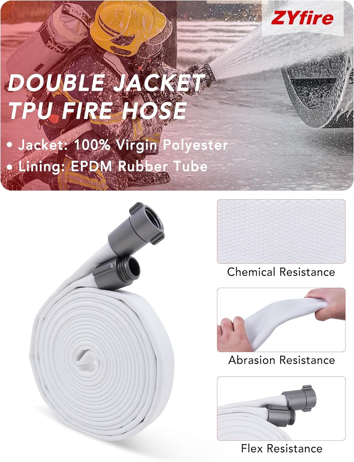 ZYfire Fire Hose - 1" ID x 25 FT Double Jacket EPDM Firefighter Hose with M x F NST/NH Aluminum Couplings 1200 PSI Burst Pressure Lightweight for Firefighting & Residential Use