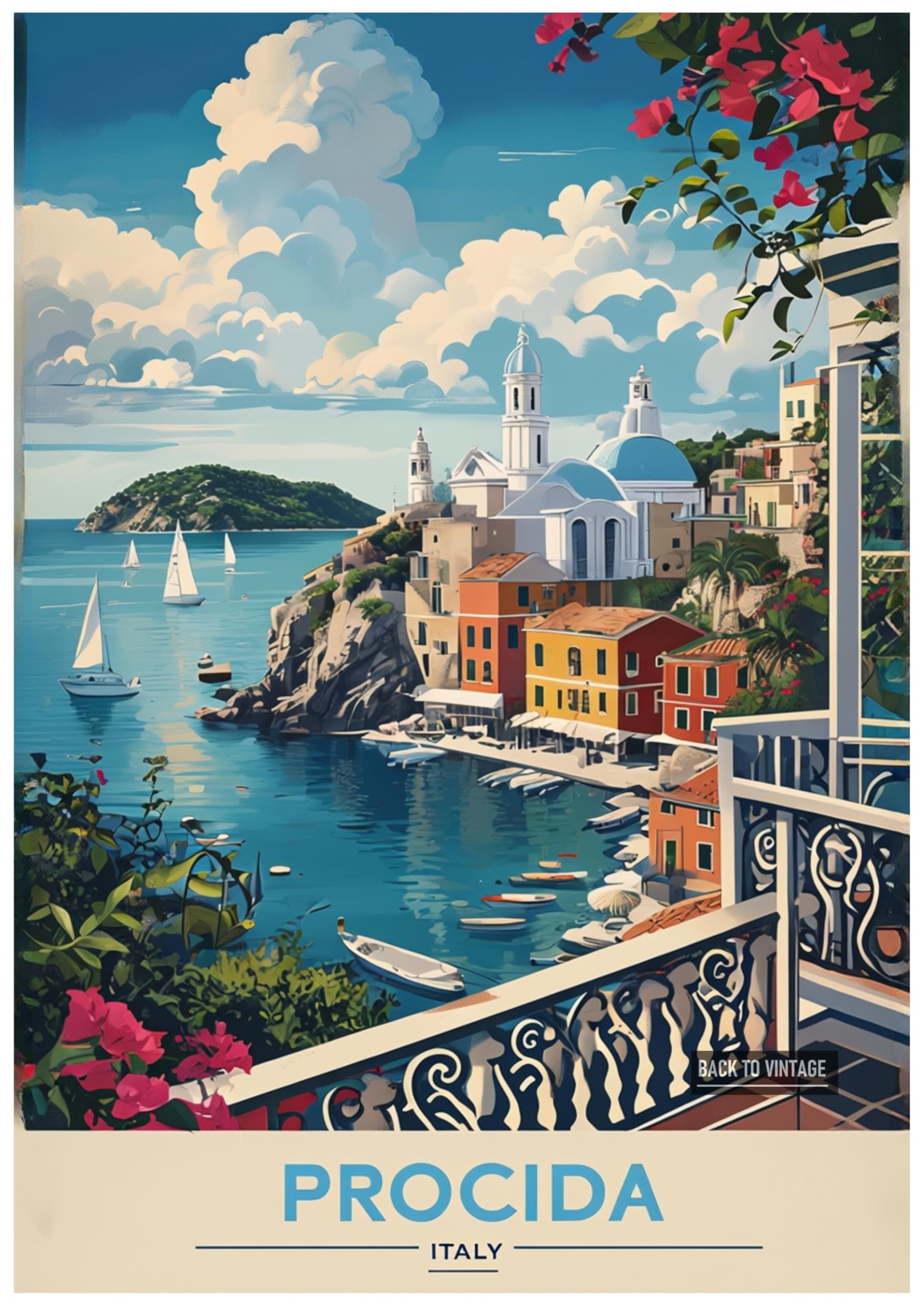 Back To Vintage Multicoloured Vibrant Coastal Illustration Of Procida Italy's Scenic Harbor - Retro Europe Travel Poster A4 Size Vintage Wall Art Print Of Famous European Destinations Ideal For Home Or Office Decor