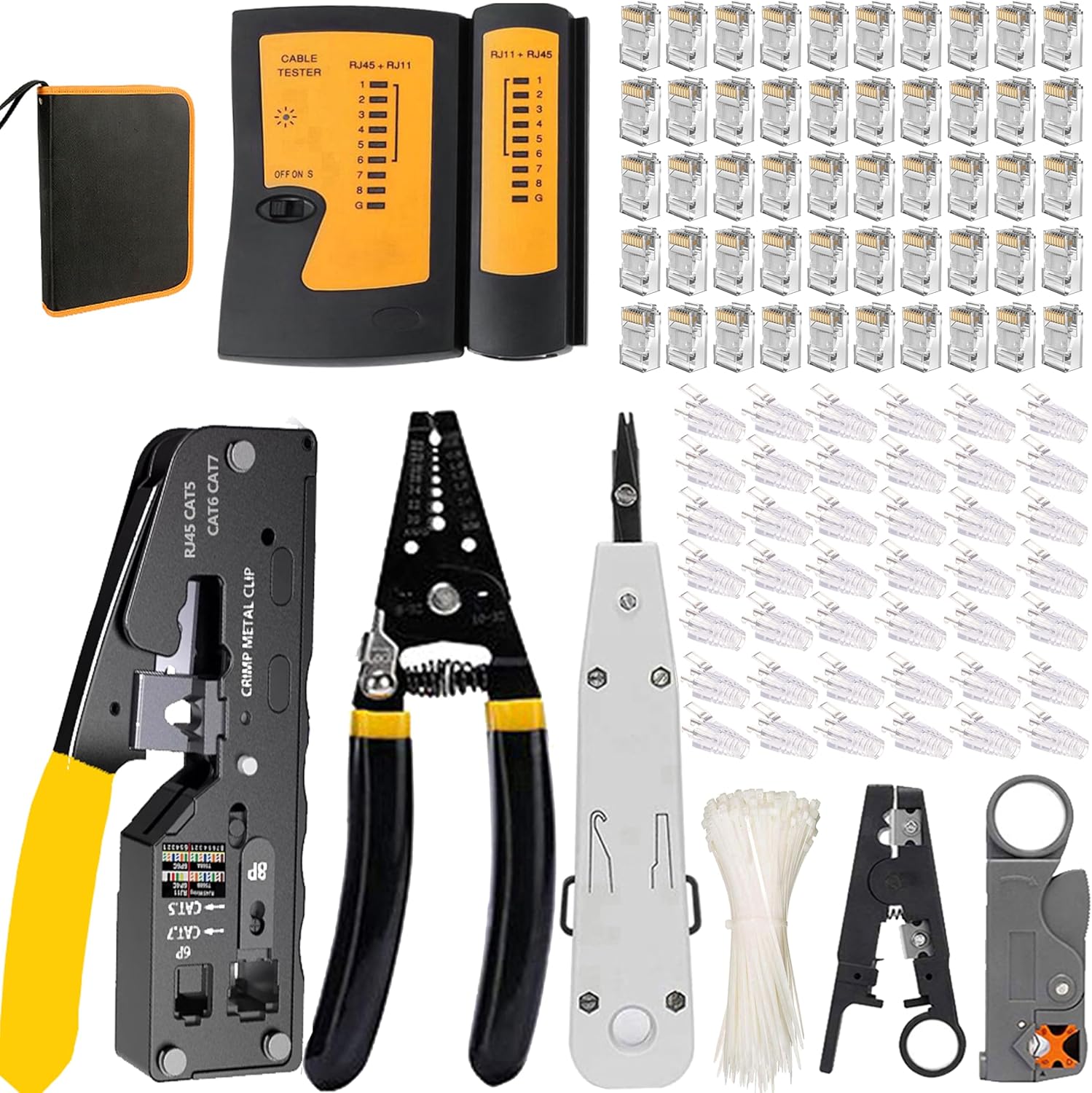 LEATBUY RJ45 Crimp Tool Kit Crimper CAT5/CAT6 Crimping Tool Set for Pass Through Ethernet Cutter with Connectors, Covers Network LAN Cable Wire Stripper(GOLD)