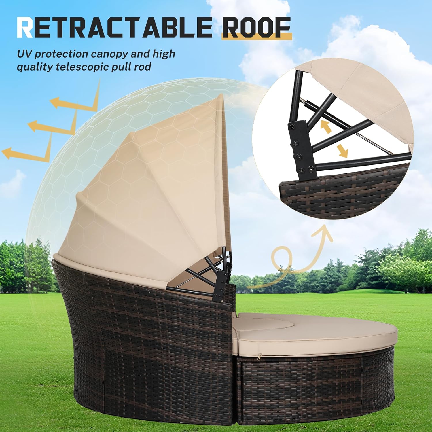 Incbruce Patio Round Daybed with Retractable Canopy, Black Wicker Rattan Sectional Sofa Furniture Set with Separated Cushion Seats for Patio, Porch and Backyard (Brown)