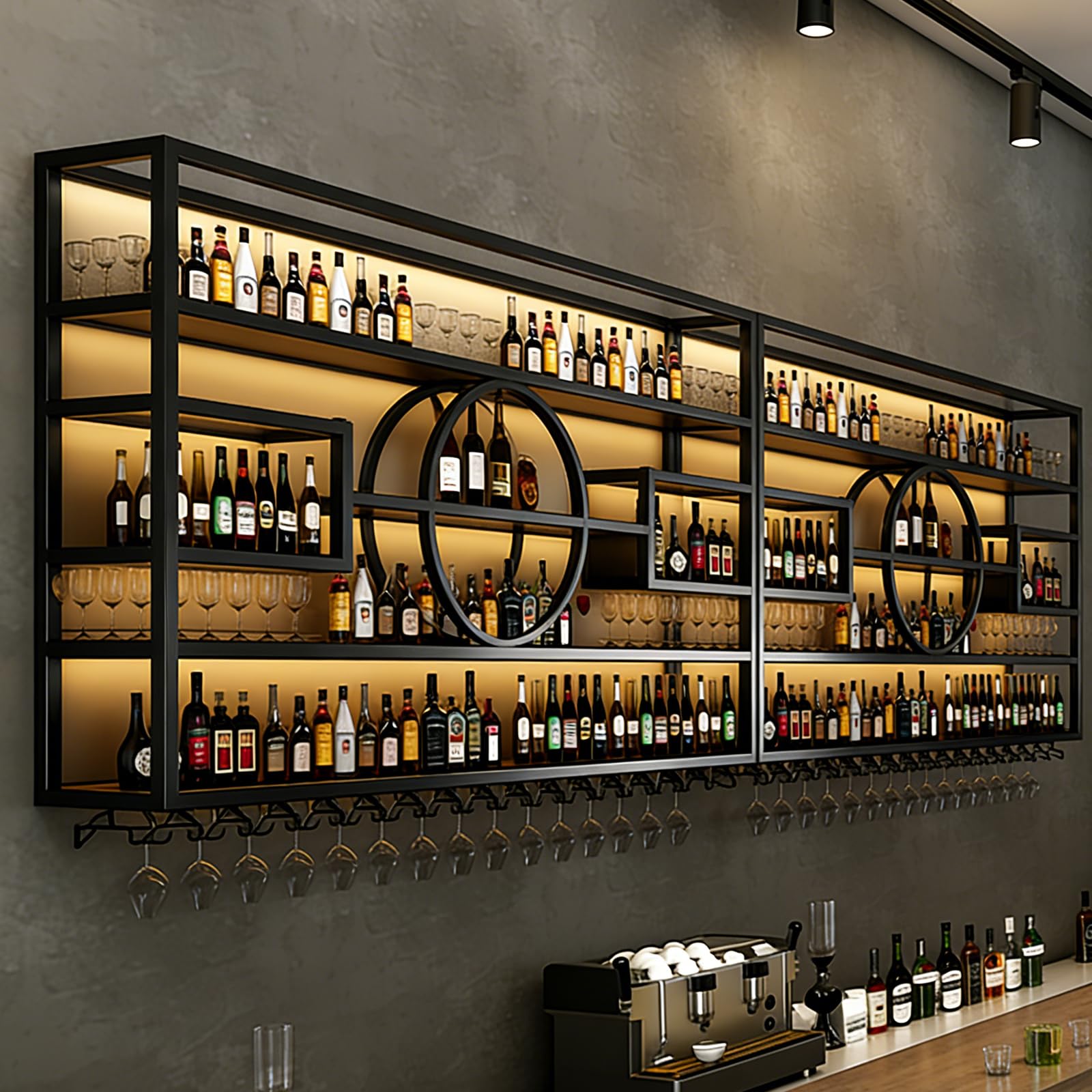 110in Wine Rack Wall Mounted, Large Capacity Hanging Wine Bottles Display Shelf with Glasses Holder, 4 Tier Industrial Bar Liquor Storage Shelves for Home Bar Kitchen,Living Room (Black, 110in)