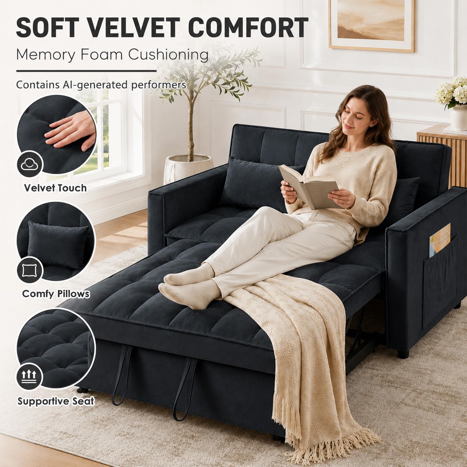 3 in 1 Pull Out Couch Bed, Convertible Futon Sofa Bed, Velvet Sleeper Loveseat for Small Living Room, Adjustable Backrest, Comfy Pillows, Side Pocket (Black)