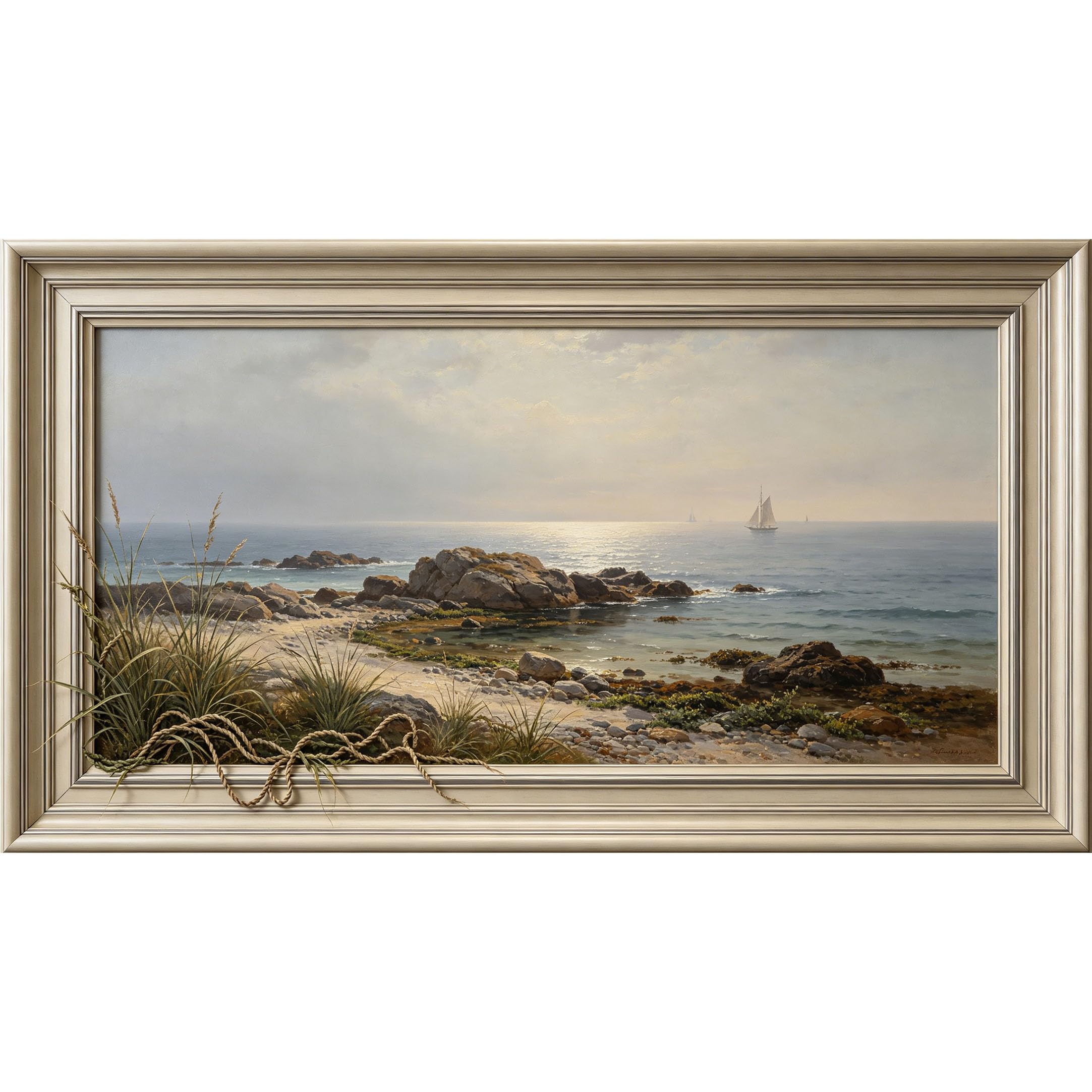 QZLITHOTIC 50x90cm3D Framed Wall Art， Coastal Seaside Rocky Beach Landscape Sailboat Horizon Self‑Adhesive Mural， Water‑Activated Peel & Stick Fabric Decor Wall Decal for Bedroom Living Room