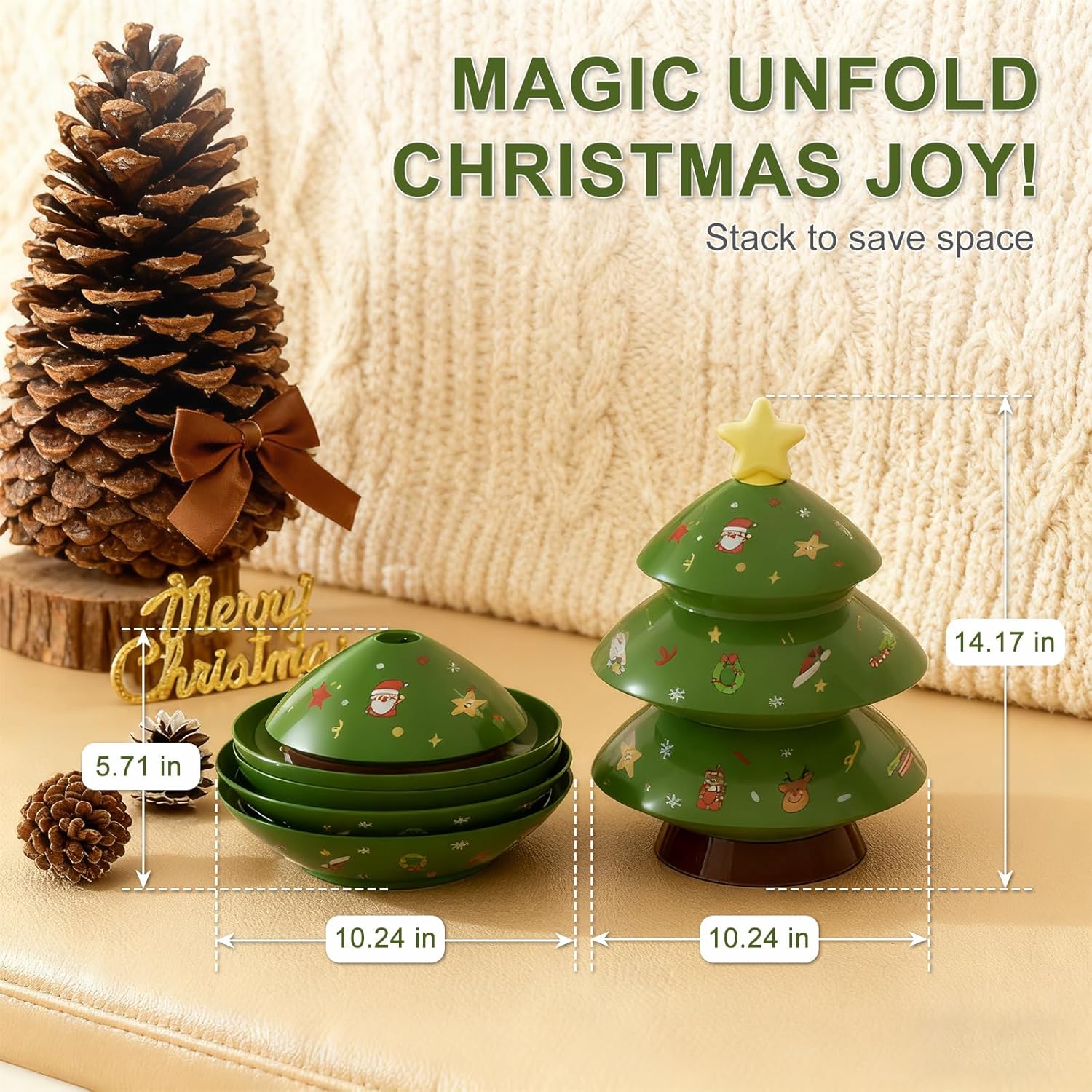 BENMOS 3-Tier Stackable Christmas Tree Snack Tray, Holiday Party Serving Platter for Nuts, Candy, Fruits&Cookies, Space-Saving Storage&Christmas(Green)