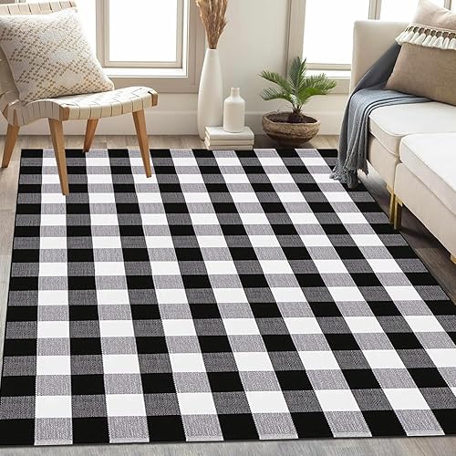 Miniatura 8 de YINMEIJU Buffalo - Alfombra a cuadros de 3 x 5 pies, color blanco y negro, tapete para puerta delantera, de algodón, lavable, para porche delantero,