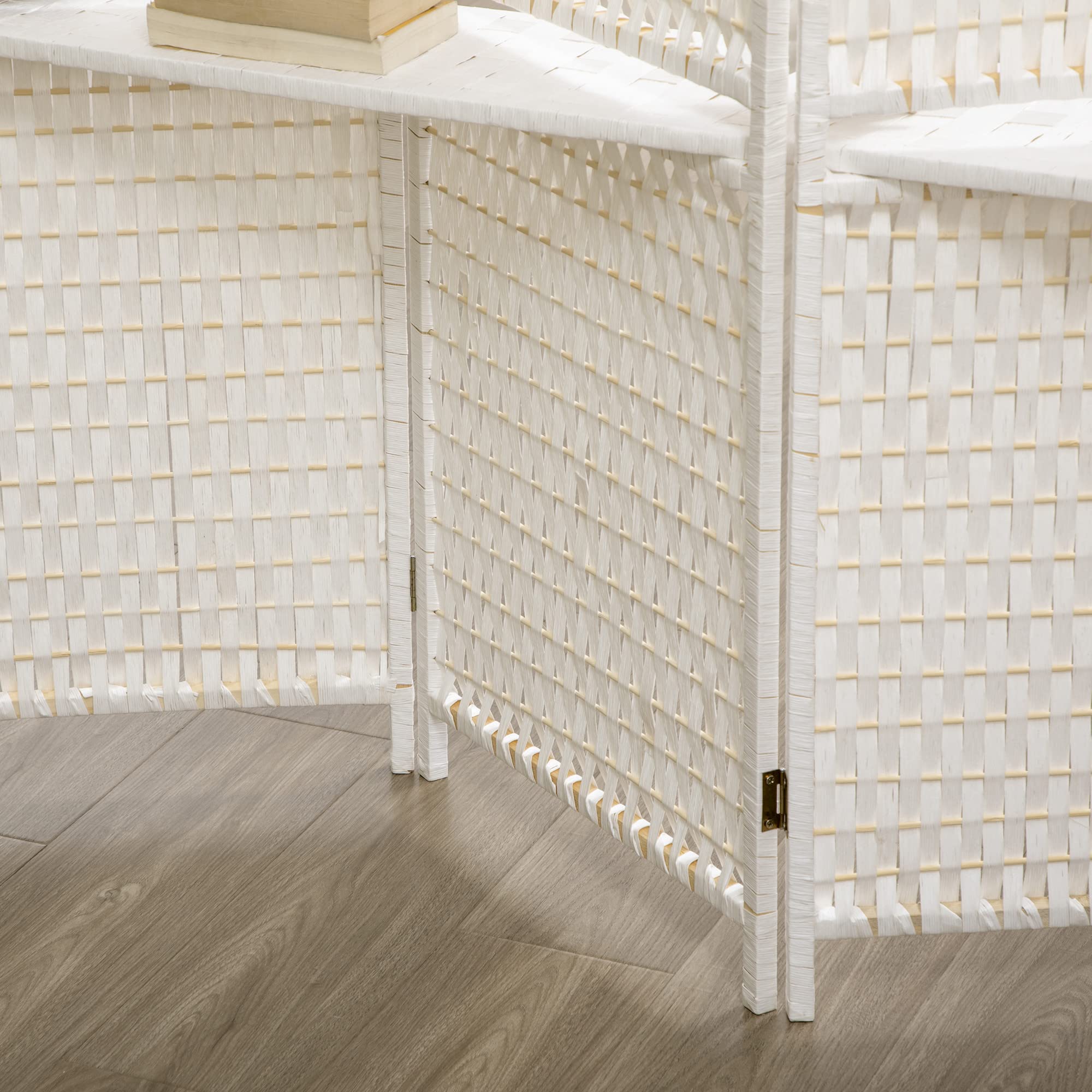 HOMCOM Paravento 4 pezzi, 181 x 180 cm, divisorio pieghevole, in legno di pino, bambù, con 2 ripiani, separatore autoportante, per camera da letto, soggiorno, ufficio, bianco
