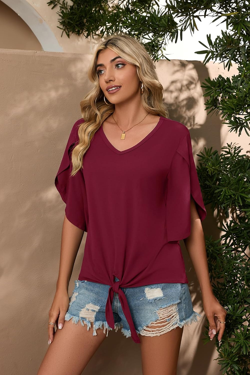 SUEANI Women's Tie Front Blouses V Neck 3/4 Split Sleeve Summer Knot Tops T Shirts - Image 3