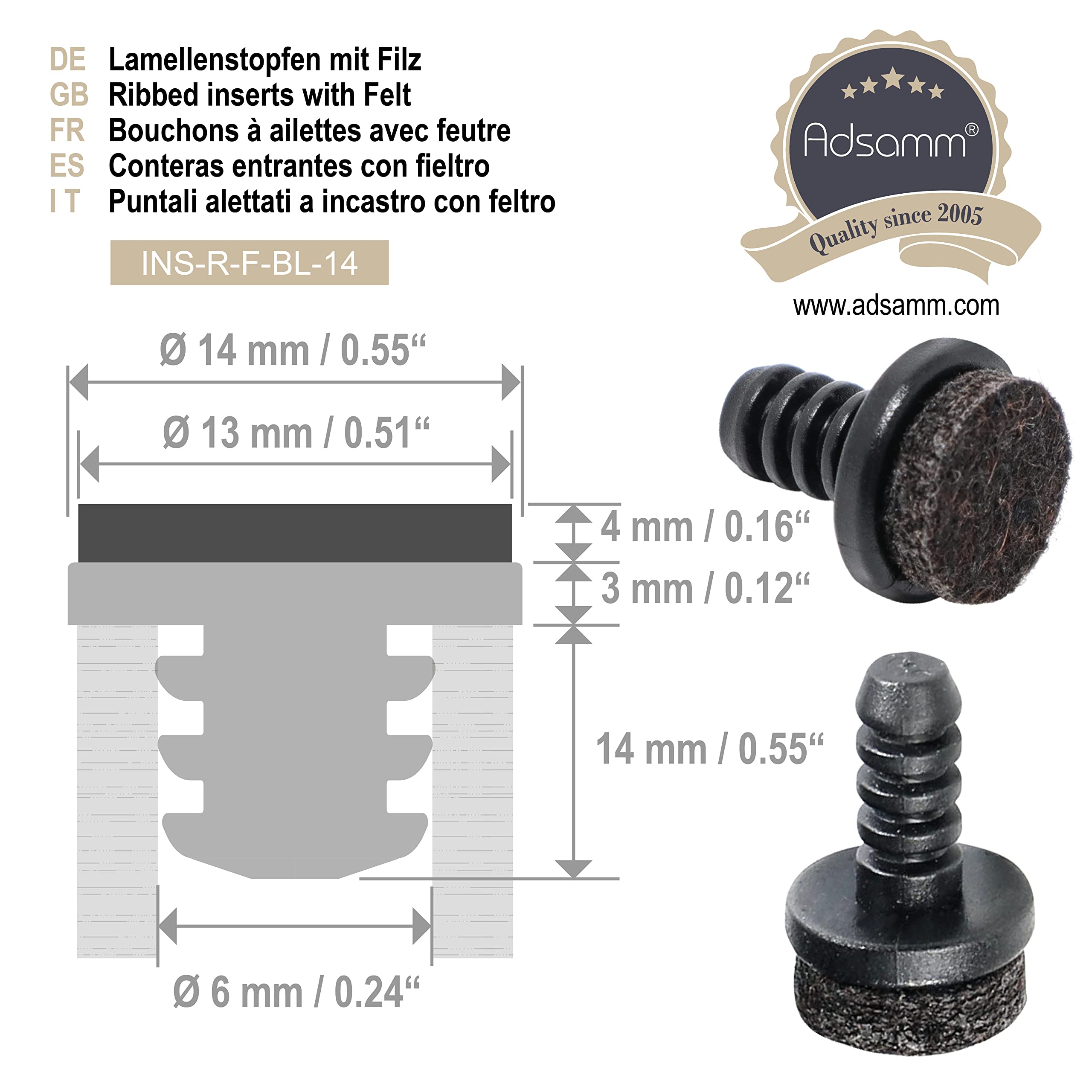 16 x zatyczek lamelowych z filcu, Ø 14 mm, średnica wewnętrzna 5-6 mm, czarny/okrągły, podkładki meblowe z tworzywa sztucznego z filcu, do krzeseł z rur stalowych