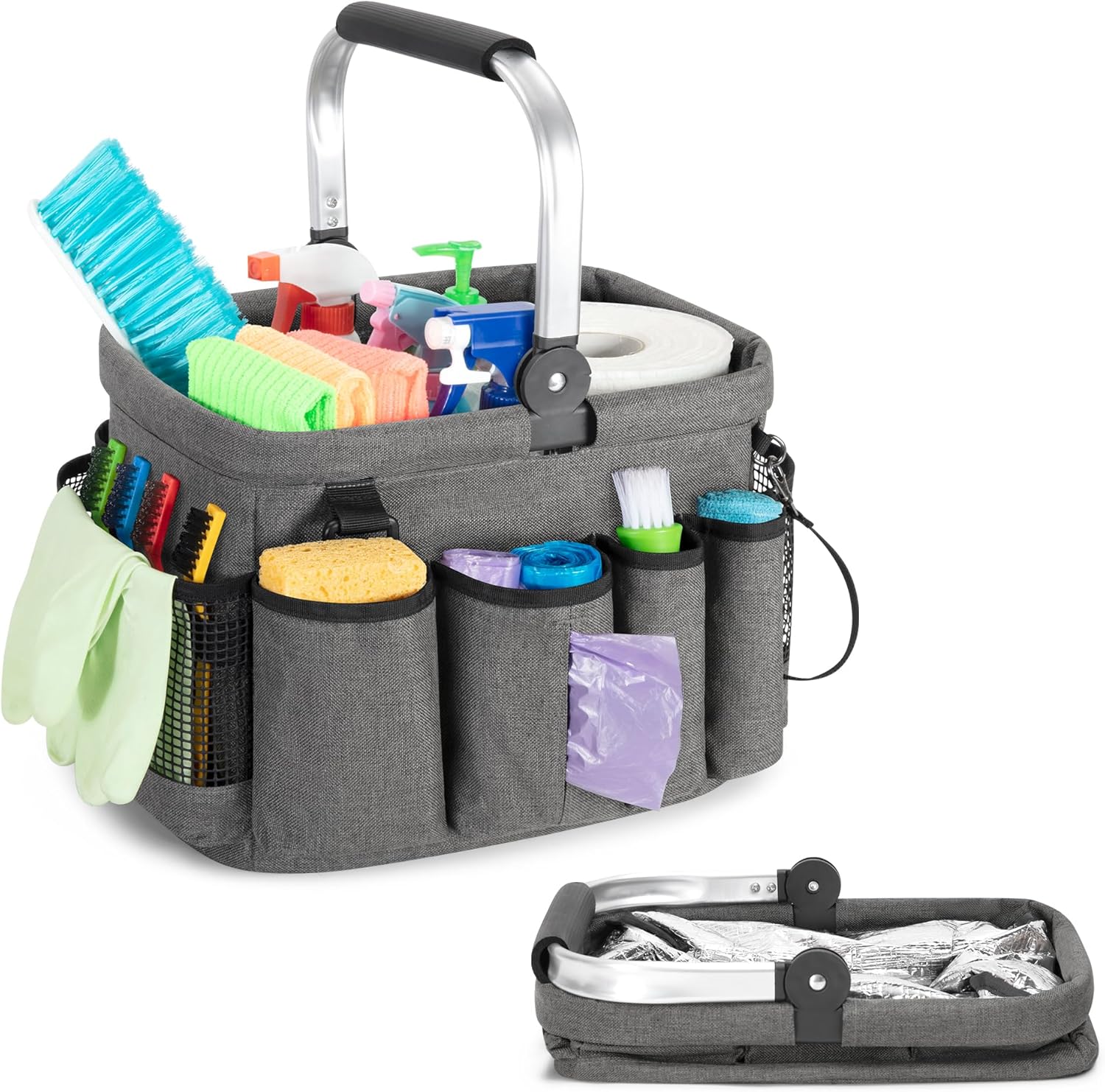 PGmoon Cleaning Caddy Organizer with Handle, Cleaning Tote Bag with Multiple Pockets for Cleaning Supplies, Products Storage, Housekeepers, Kitchen Cleaning Supplies, Black