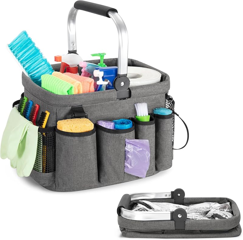 Cleaning Caddy Organizer with Handle,Grey | Cleaning Tote Bag with Multiple Pockets for Cleaning Supplies, Products Storage, Housekeepers, Kitchen Cleaning Supplies