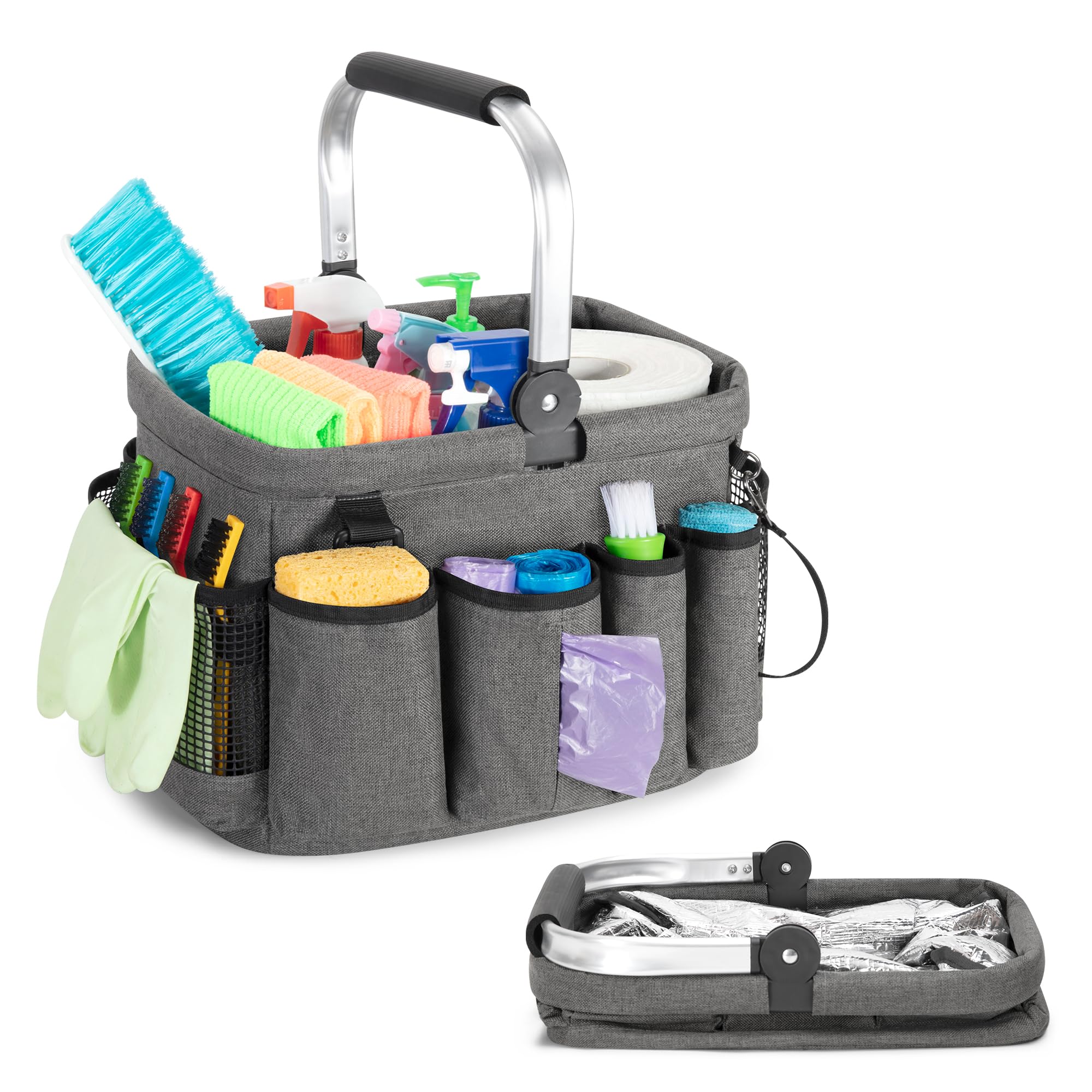 PGmoon Organizador Portátil de Limpieza con Asa, Bolsa Organizadora con Múltiples Bolsillos para Artículos y Productos de Limpieza, Ideal para Personal de Limpieza y Lavado de Automóviles, Gris