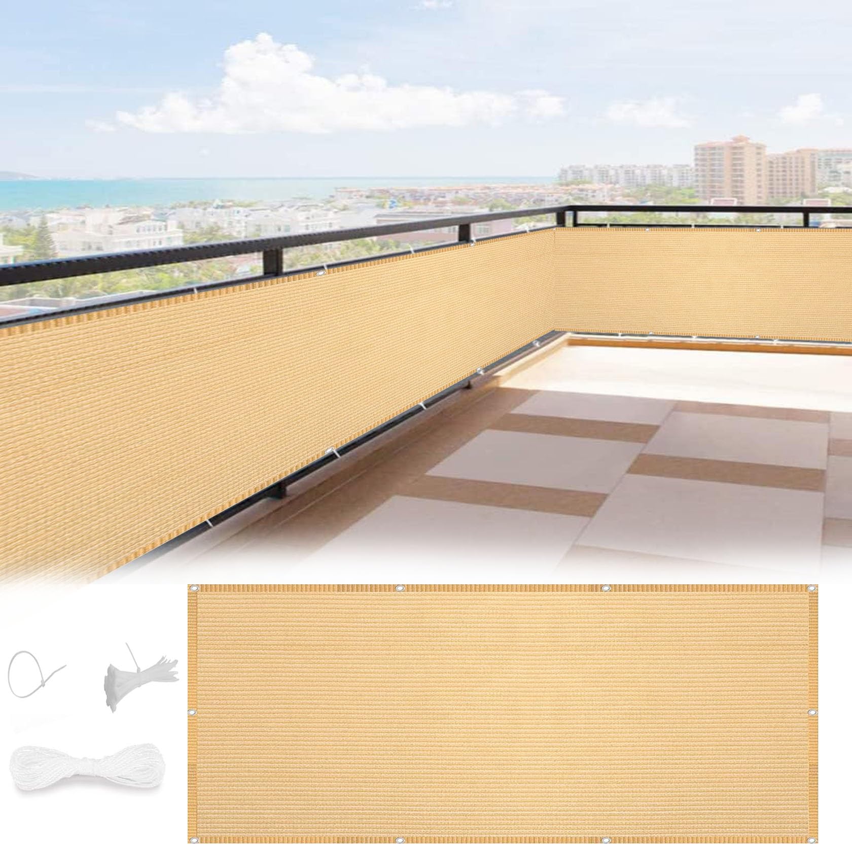 GLDYTVF Customizable Sand Yellow Balcony Windbreak Netting 145x650 cm UV Protection for Deck Patio & Backyard Durable Outdoor Balustrade Posts Solution