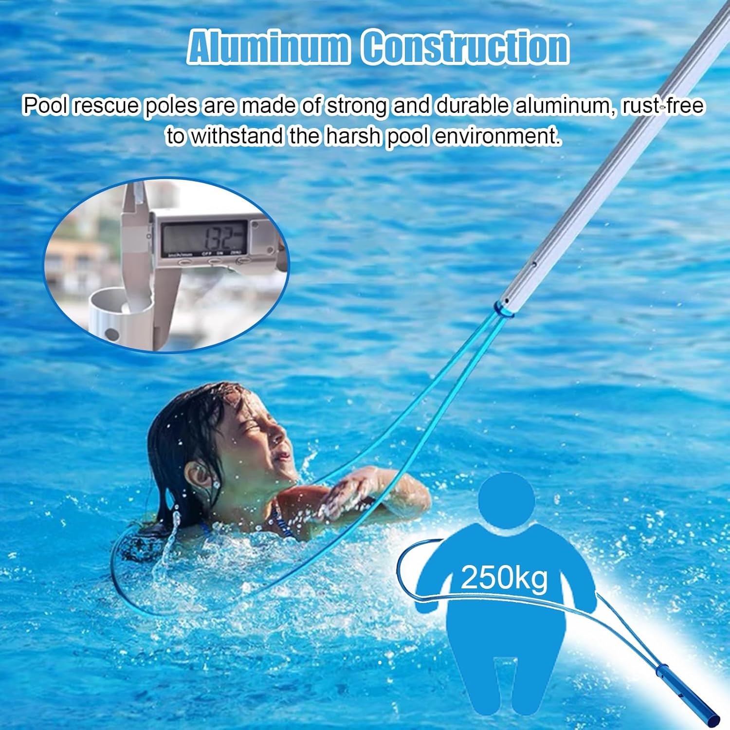 Heavy Duty Telescoping Pool Rescue Pole with Hook - Aluminum Emergency Tool for Water Safety in Pools, Parks, Clubs, Lifeguard Equipment, Aquatic Rescue