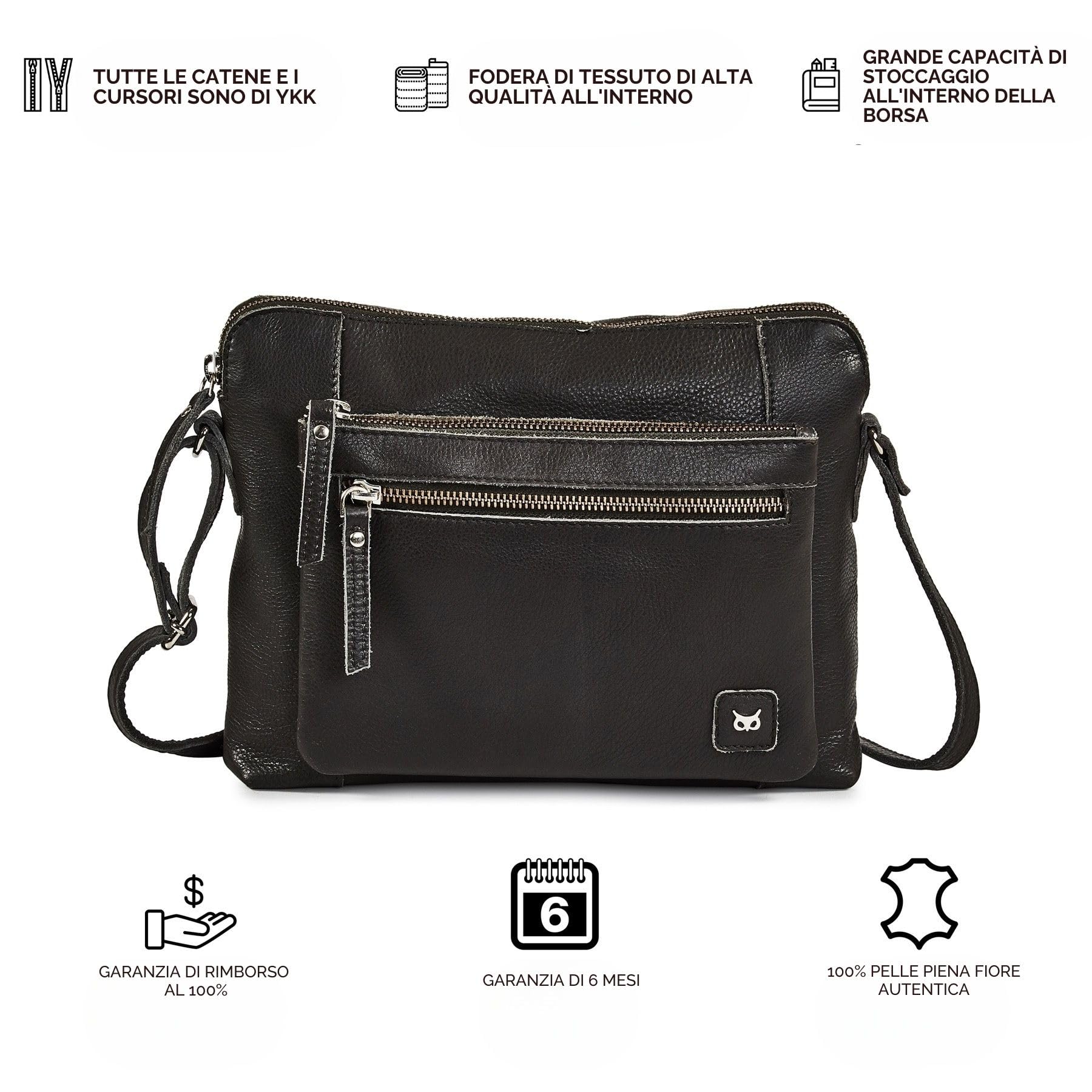 Wise Owl Accessories Borsa tracolla in vera pelle martellata, modello compatto unisex con tasche cerniera, ideale per viaggi, uso quotidiano e organizzazione