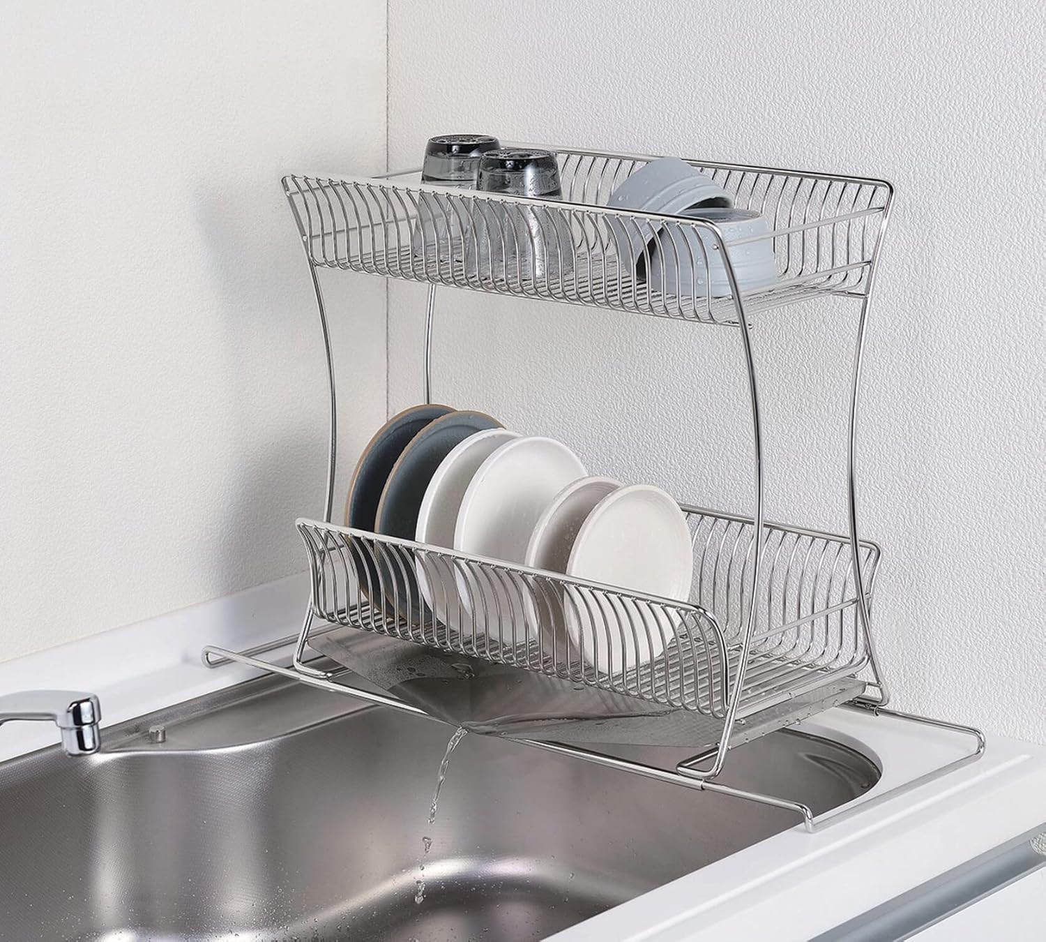 Pearl Metal HB-5532 Sastina Dish Rack, 2 Tiers, Slim, Sliding Type, 18-8 Stainless Steel