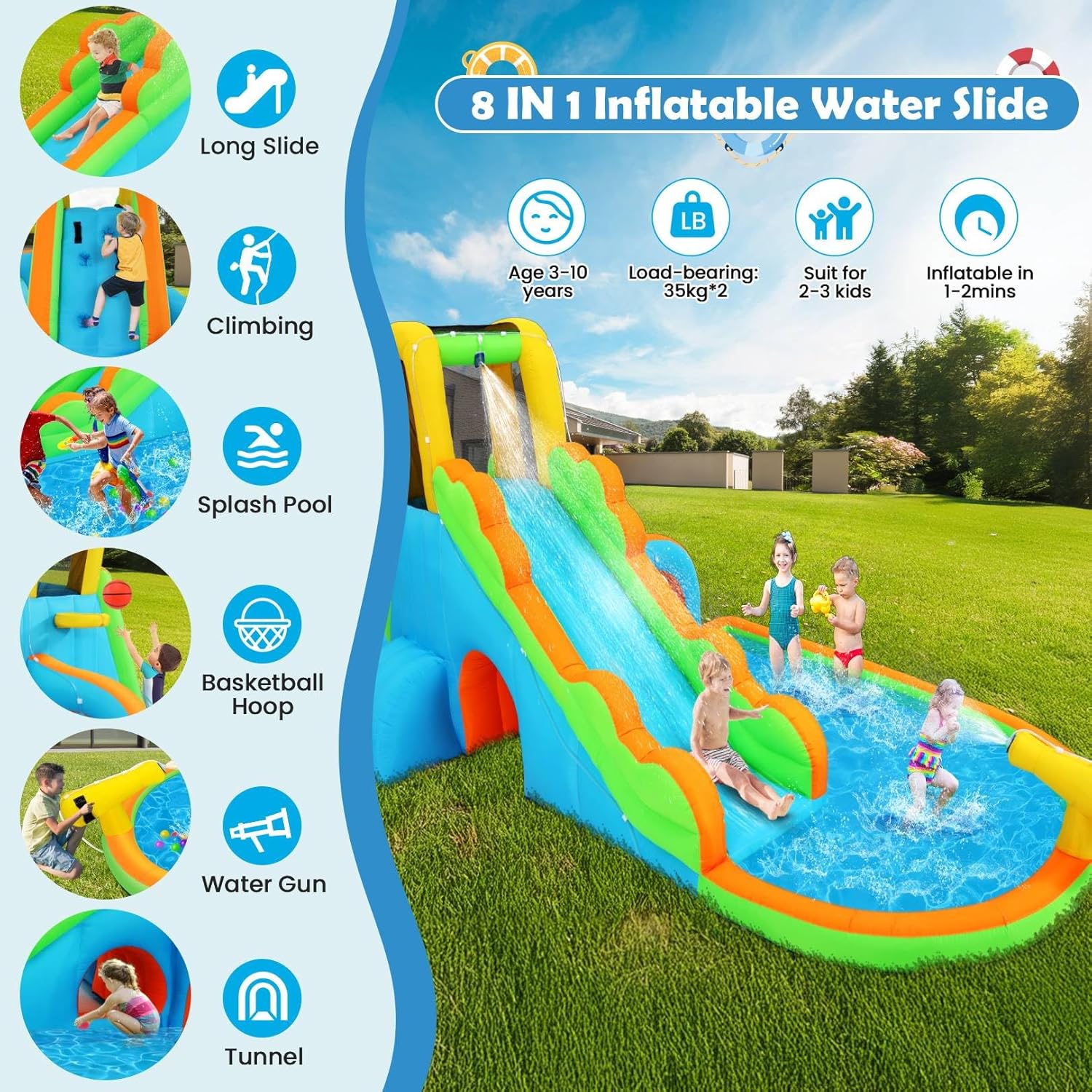 AKEYDIY Water Slide Inflatable Water Bounce House Park for Kids Backyard Outdoor Fun with Blower, Blow up Water Slide Castle w/Climbing Wall, Long Slide, Pool, Water Gun, Basketball Hoop & Tunnel