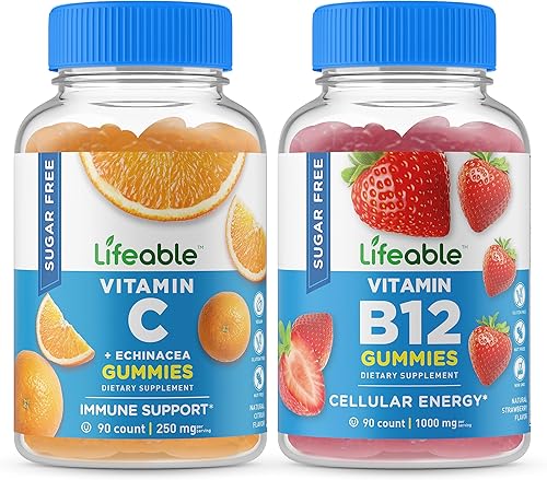 Lifeable Vitamina C sin azúcar + vitamina B12, paquete de gomitas Gran sabor, suplemento vitamínico, sin gluten, sin OMG, gomita masticable