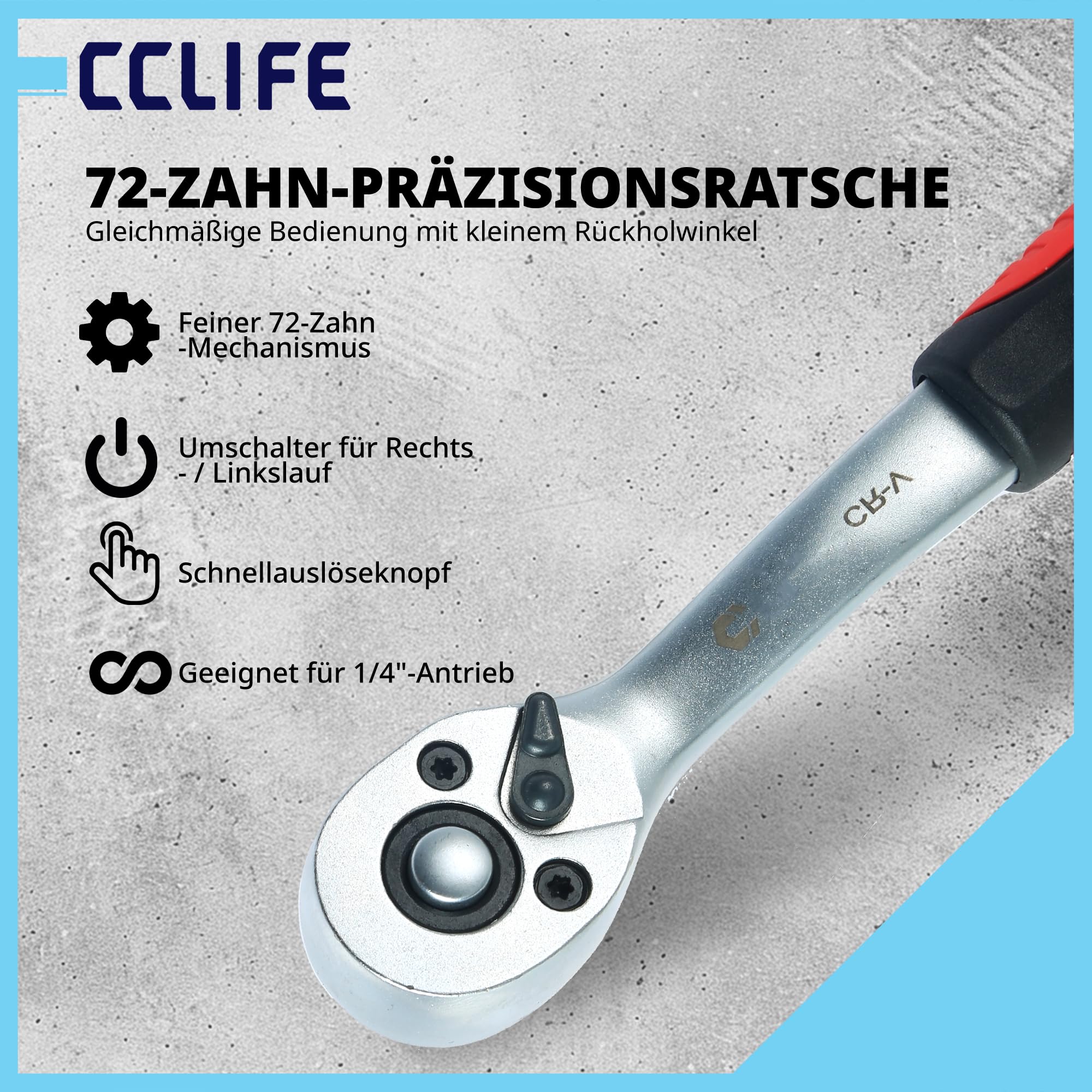 CCLIFE 46-częściowy zestaw narzędzi z grzechotkami 1/4" z nasadkami, przedłużkami i przegubami gimbalnymi do samochodów osobowych i majsterkowiczów w stabilnej walizce na narzędzia