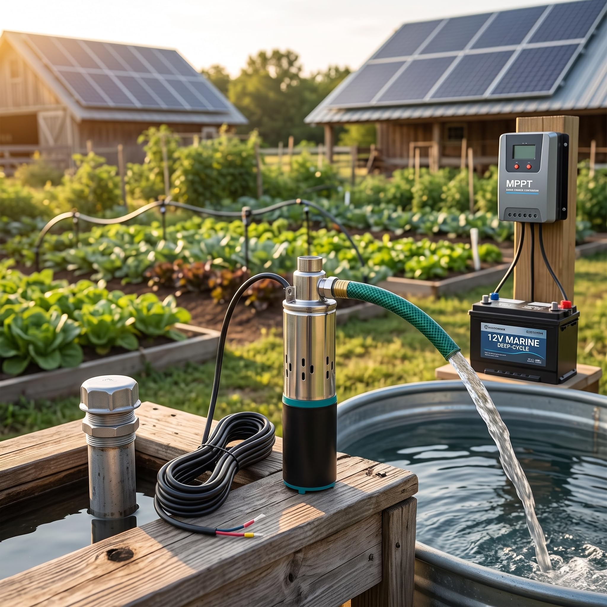 12 V DC Tauchbrunnenpumpe, Edelstahl-Tiefbrunnenpumpe, Bewässerungspumpe mit 7 M Netzkabel und 1-Zoll-Hakengelenk, Ideal für Bauernhof, Ranch und Zuhause
