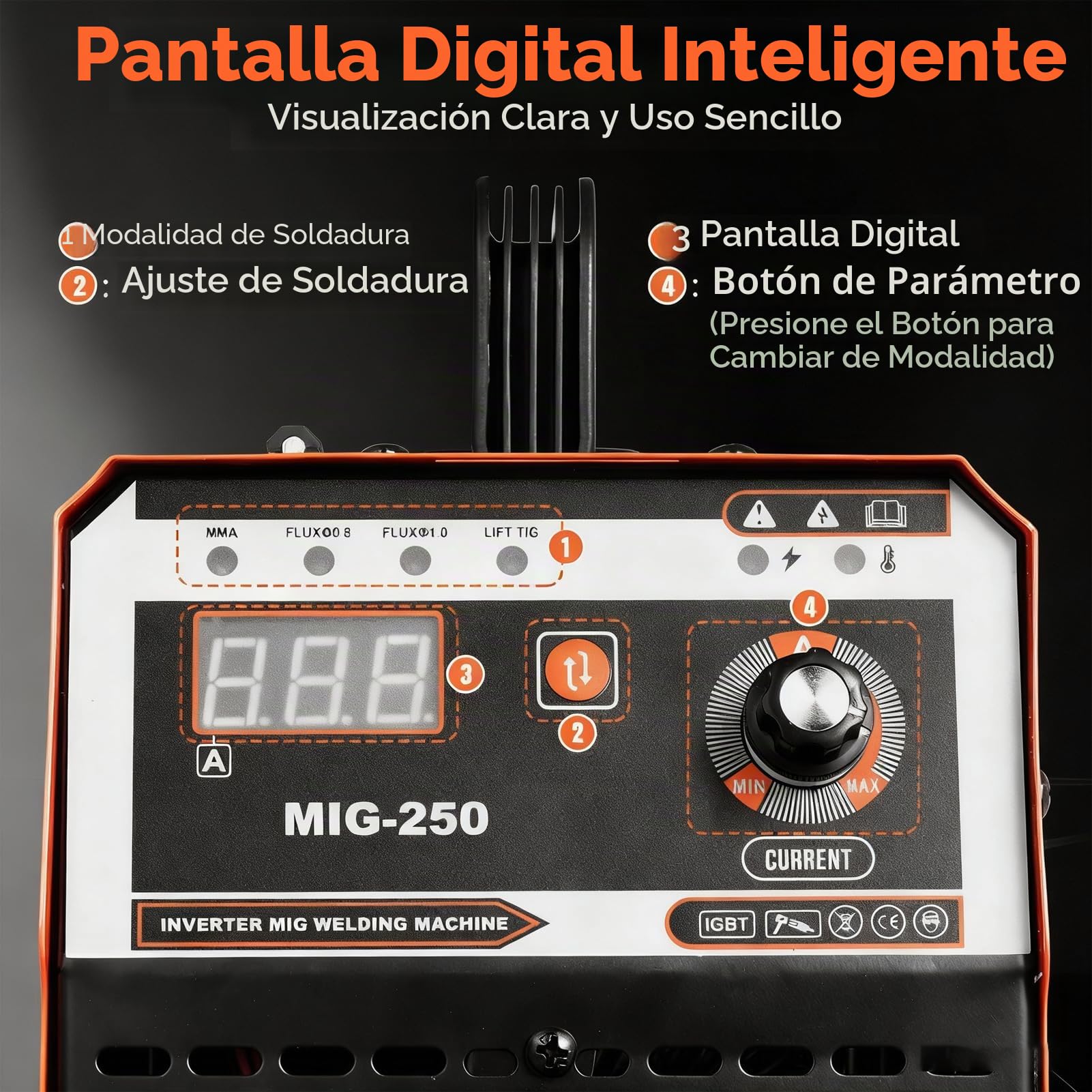 MIG - Soldadora de alambre de relleno 3 en 1 (250 A, con ARC/Flux MIG/MMA Lift WIG, soldadura de alambre de relleno (0,8 mm y 1 mm), con alimentación de alambre sinérgico, dispositivo de soldadura