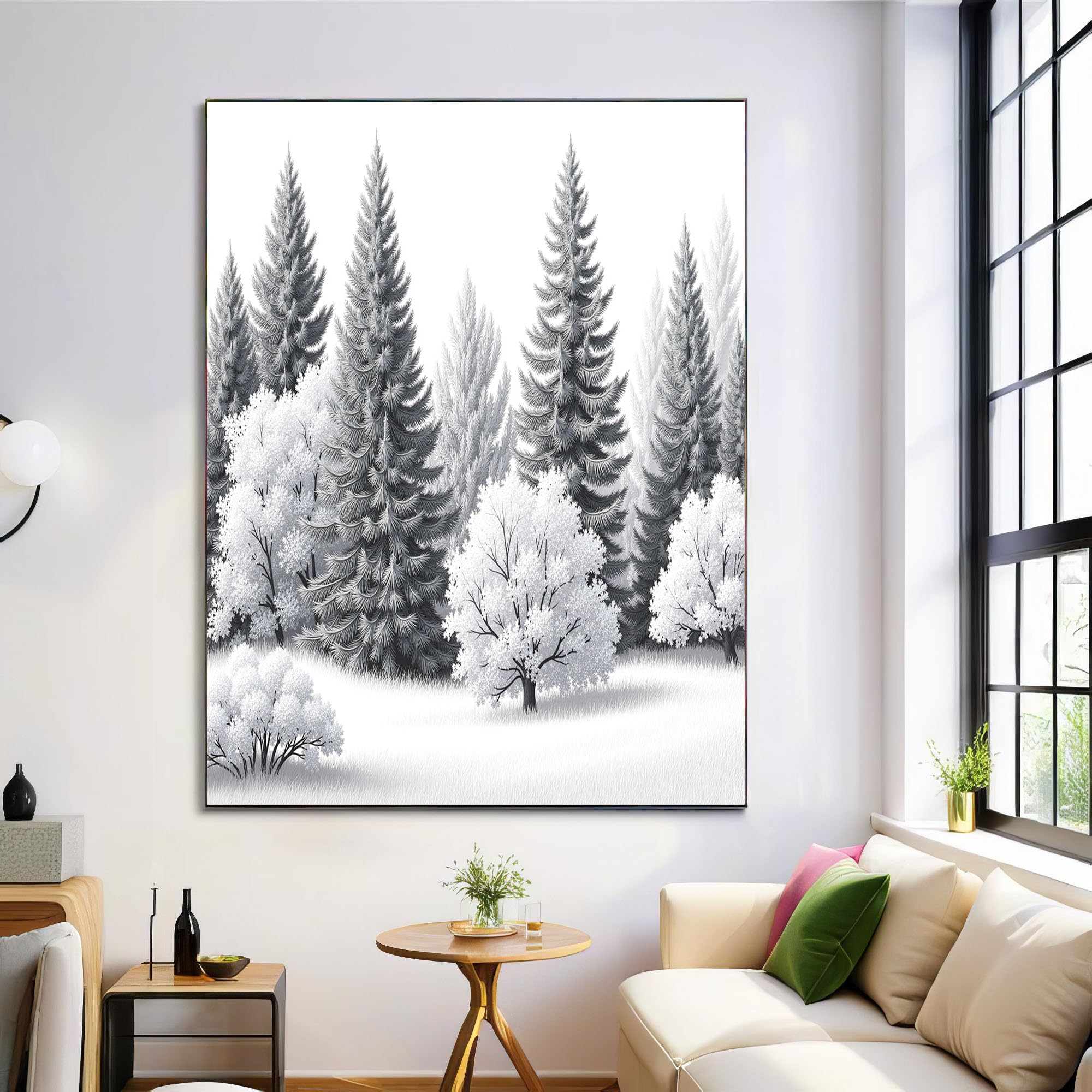 Tableau deco artistique murale de pins enneigés premium