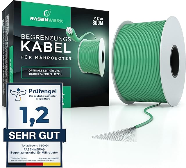 RASENWERK® - Uniwersalny kabel ograniczający do robotów koszących  drut ograniczający do kosiarek  drut z ocynkowanej miedzi  akcesoria do robota koszącego  wyprodukowano w Niemczech  Ø 2,7 mm  800 m