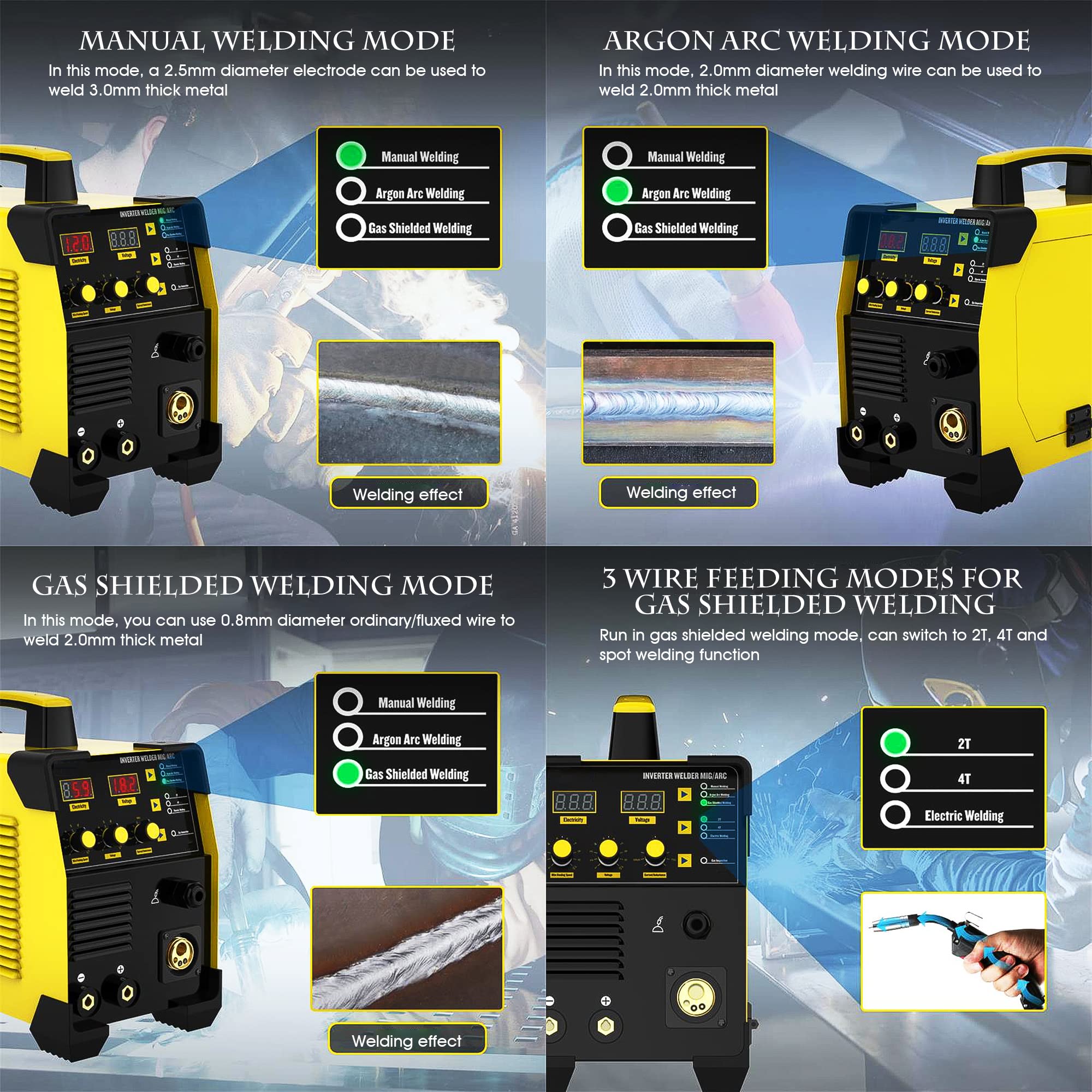 4000W Weld 3-in-1 Stick Welder, Mig/MMA/Mig Welder, 2/4T Digital Display Welding Machine, Manual, Argon Arc, Gasless Mig Welders, Giallo