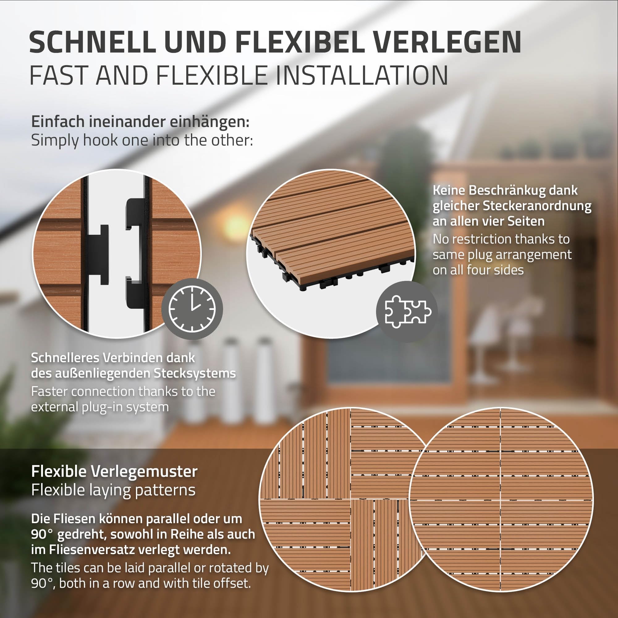 ECD Germany Dalles Terrasse Clipsables WPC 60x30 cm/6 pièces=1m² Marron Clair Strié Aspect Bois Panneaux avec Système à Clic et Drainage Revêtement de Sol Carrelage Lames Patio Jardin Extérieur