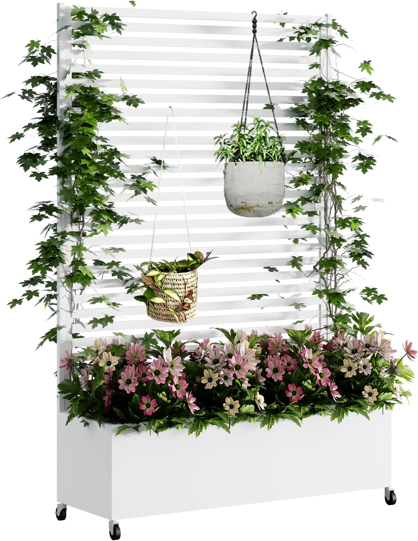 Metal Planter Box with Trellis Privacy Screen, Raised Garden Bed with Trellis & Wheels, Privacy Planters for Patio, Planter Box with Drainage Holes for Climbing Plants, 73"x 47"x 16", White