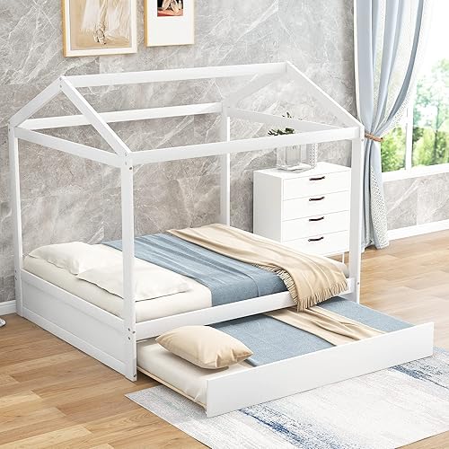 Miniatura 32 de Harper & Bright Designs Cama matrimonial con nido de tamaño individual, cama de madera de tamaño matrimonial con techo, ventanas y valla, marco de