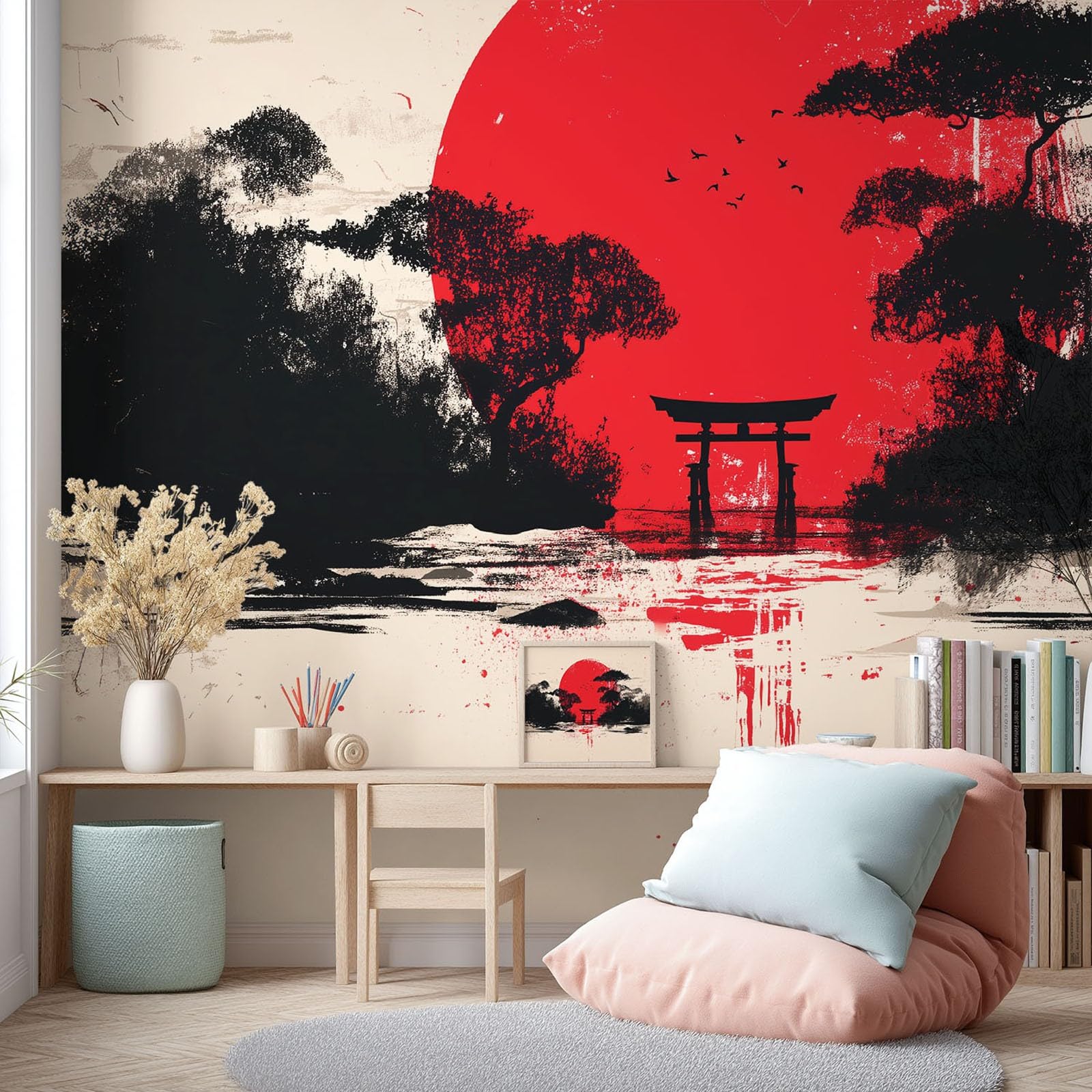 Carta da Parati Murale Panoramica Sole rosso Alberi Paesaggio montano Beige, Fotomurale in Tessuto Non Tessuto per Parete Camera Soggiorno Cameretta, Decorazione Murale 450 x 315 cm