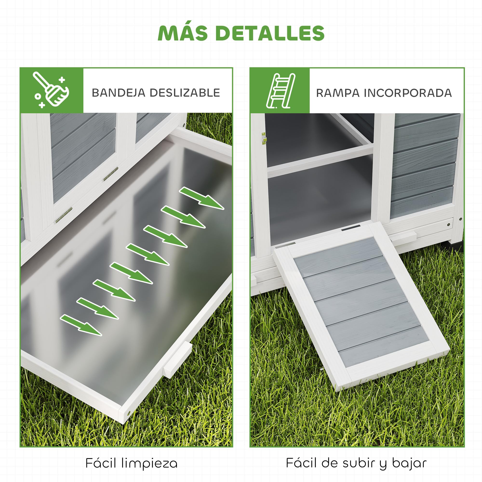 PawHut Gallinero de Madera para Exterior, 2 Nidos, Bandeja Extraíble, Perchas, Techo Impermeable, 150x100x96,5 cm, Gris