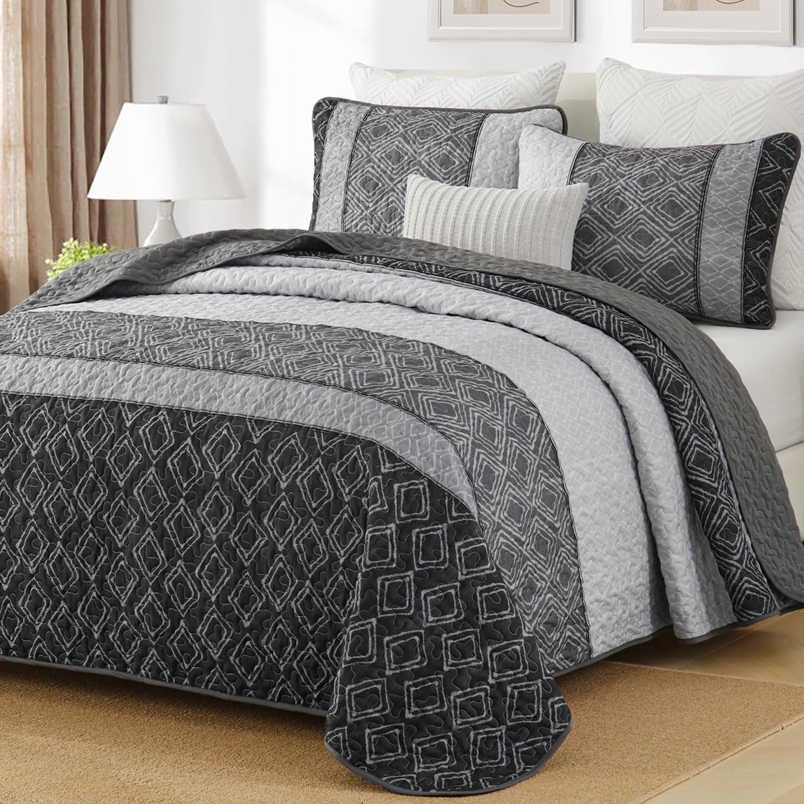 Cottolester Boho Quilt Set King Size 3 Pieces,Grey Striped Plaid Bedspread,Soft Microfiber Bedding Set with 2 Pillow Shams 110"x90"