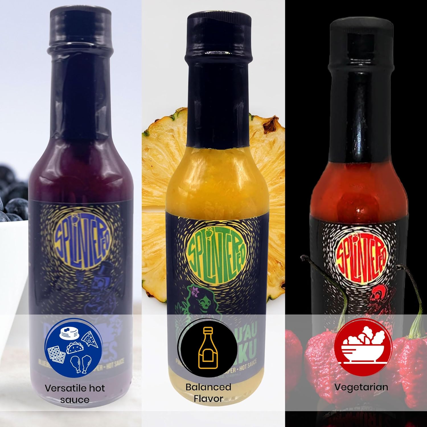 The Splintered Sauce Hot Sauce Trio - Carolina Reaper Variety Pack with Luscious Fruit Pairings- Blueberry - Strawberry - Pineapple - Perfect for Dipping, Dressing, and Spicing Up Your Meals!