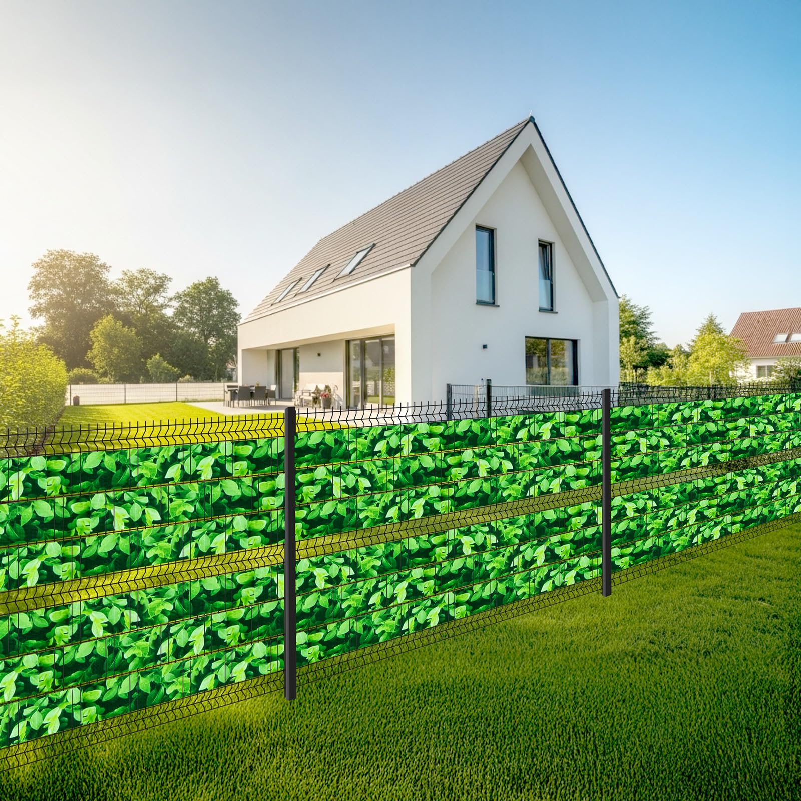 Sunnylaxx PVC Sichtschutzstreifen 35m x 19cm, 450g/m² inkl. 20 Clips, Buchsbaum Zaun Sichtschutz, Gartenzaun, Stabmattenzaun, Zaunfolie, Doppelstabmatten Zaun
