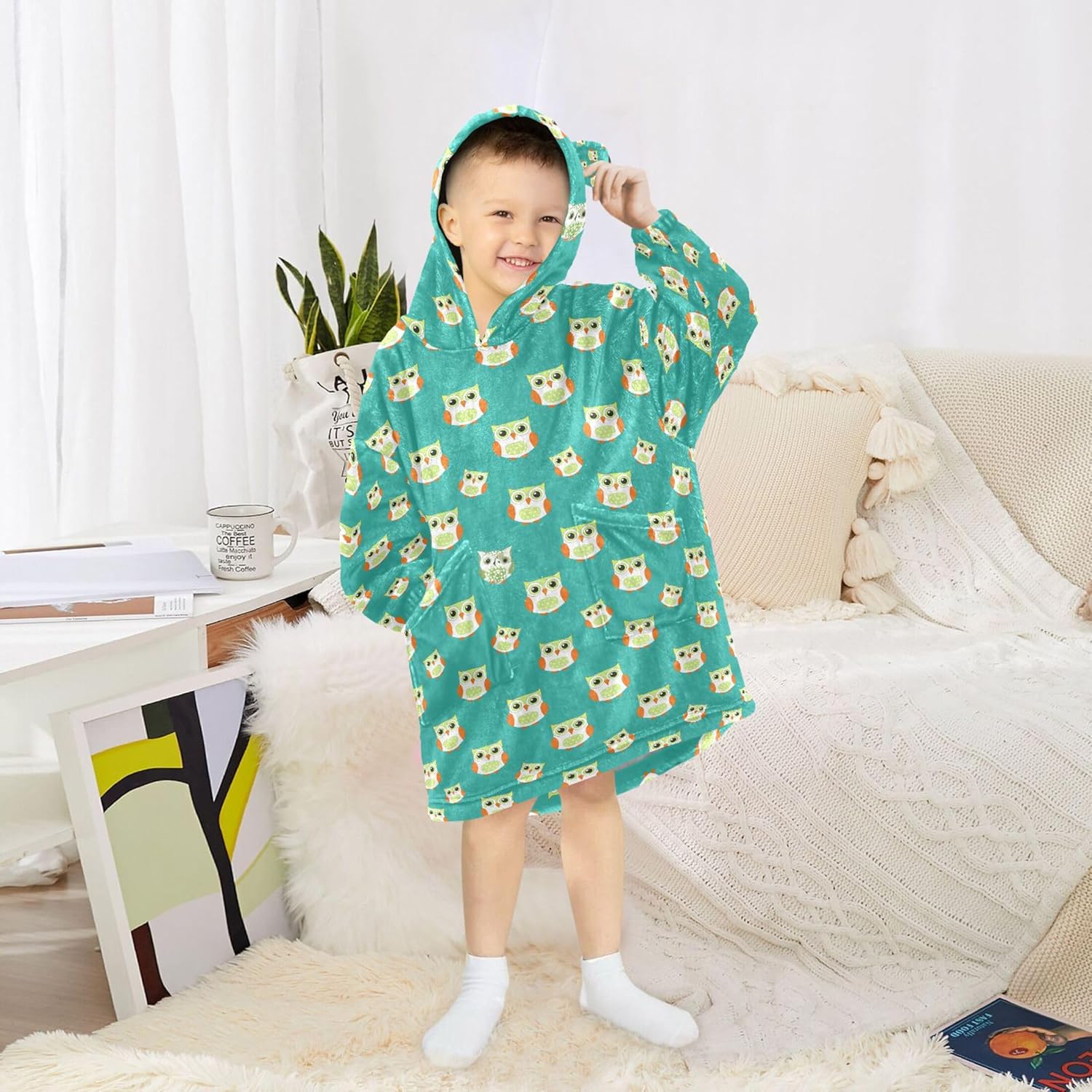 Green Owl Kids Wearable Blanket Hoodie with Pocket and Sleeves for Toddlers, Cute Hoodies 3-14 Year Girls Boys