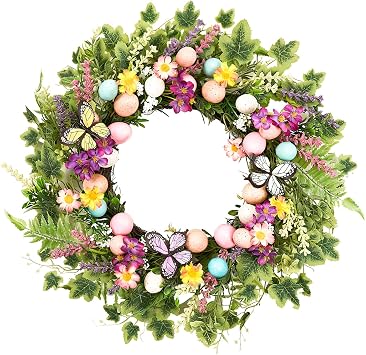Easter Wreath 22 Inch Easter Wreaths for Front Door with Colorful Egg Yellow Daisy Purple Lavender and Butterflies for Porch Window Farmhouse Party Decoration