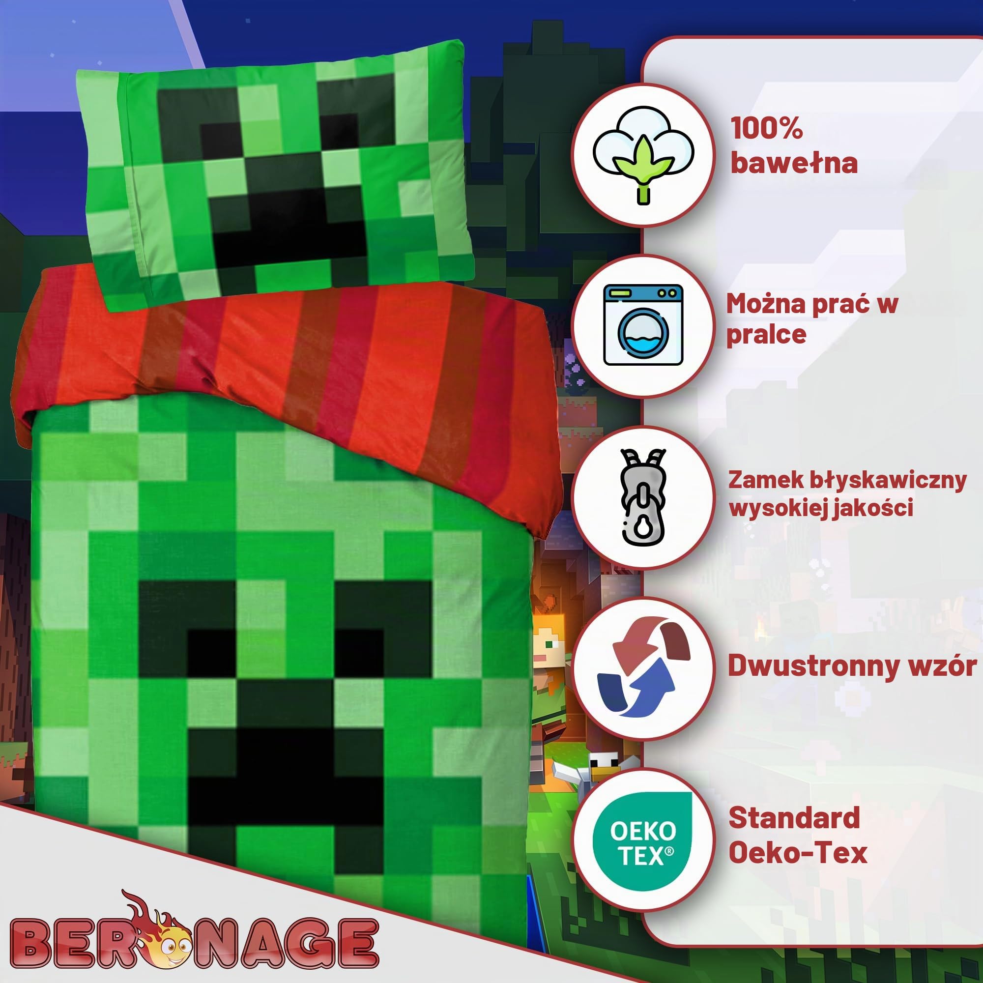 Minecraft Pościel Creeper & TNT 135 x 200 cm + 80 x 80 cm, 100% bawełna, bawełna renforcé, linon, dwustronny motyw dla dzieci, chłopców i dziewczynek, artykuł dla fanów, zamek błyskawiczny YKK, zestaw
