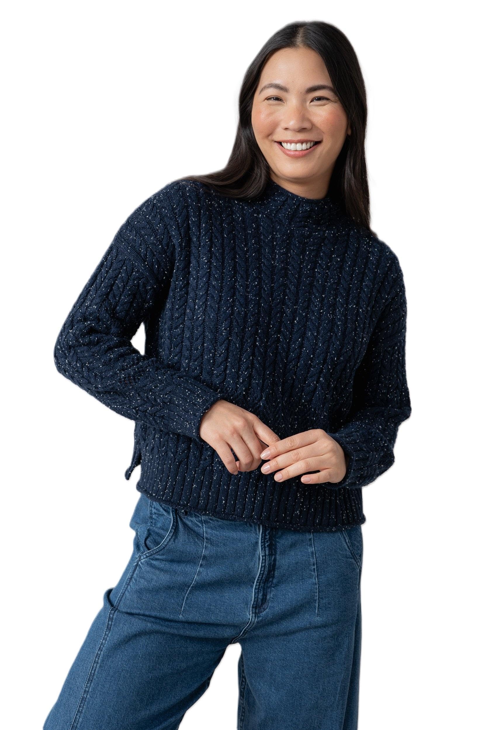 Lily & Me Elspeth Cable Knit High Neck Jumper - Navy - Size 08