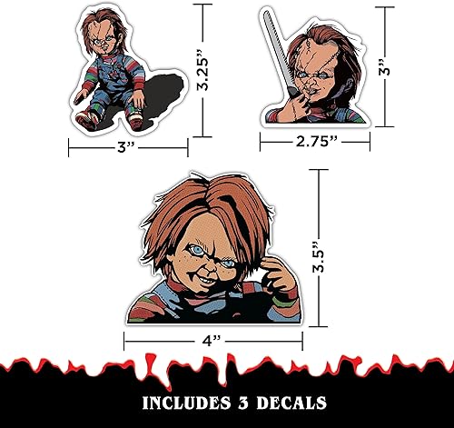 Miniatura 10 de Chucky & Tiffany - Juego de 3 calcomanías de vinilo para auto, vaso, botella de agua, laptop, Halloween, terror, coche, calcomanías de miedo para