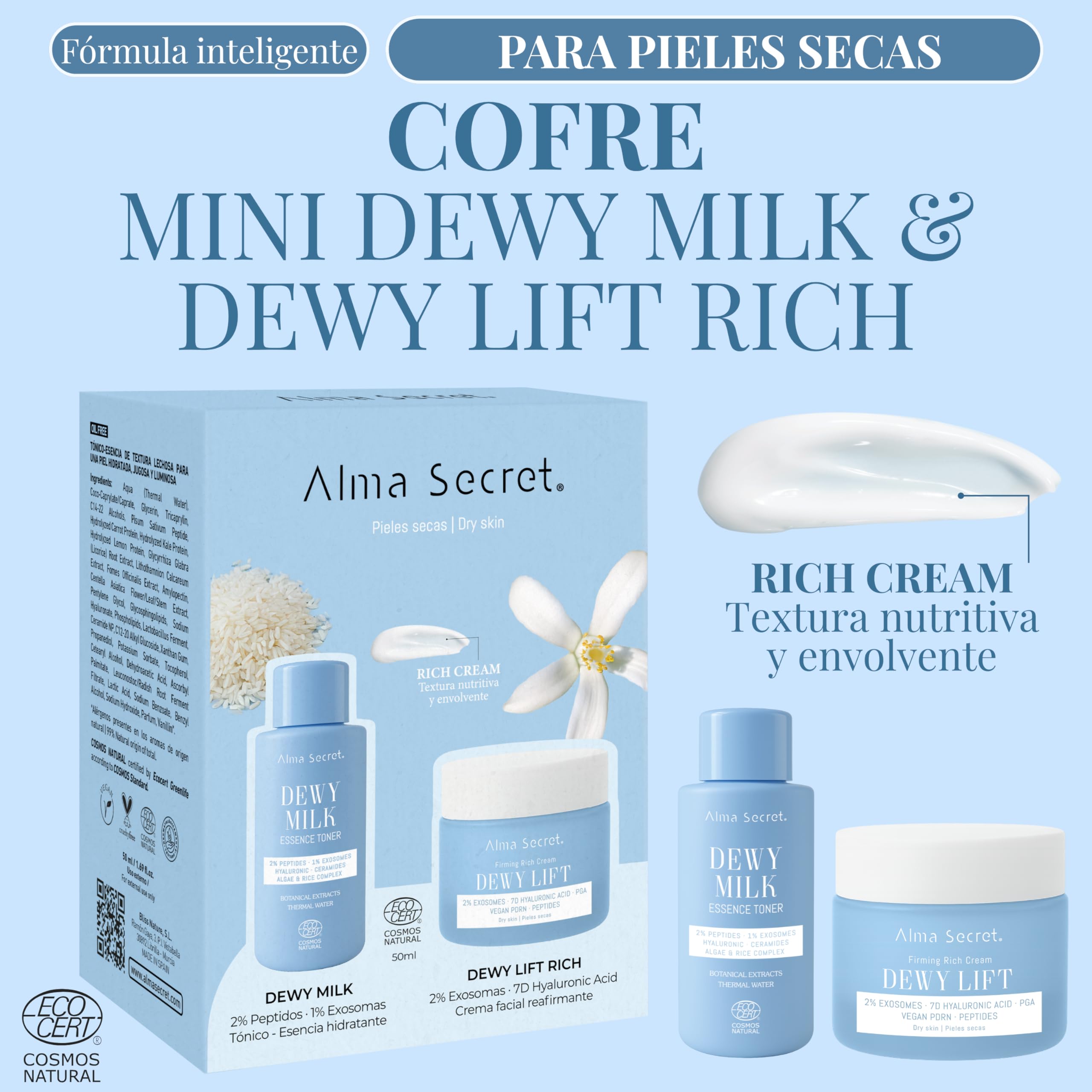 Alma Secret Mini Dewy Milk und Dewy Lift Rich Cream | Feuchtigkeitsspendende und straffende Gesichtscreme mit feuchtigkeitsspendender Creme und tonisierender Essenz | Geeignet für trockene Haut |