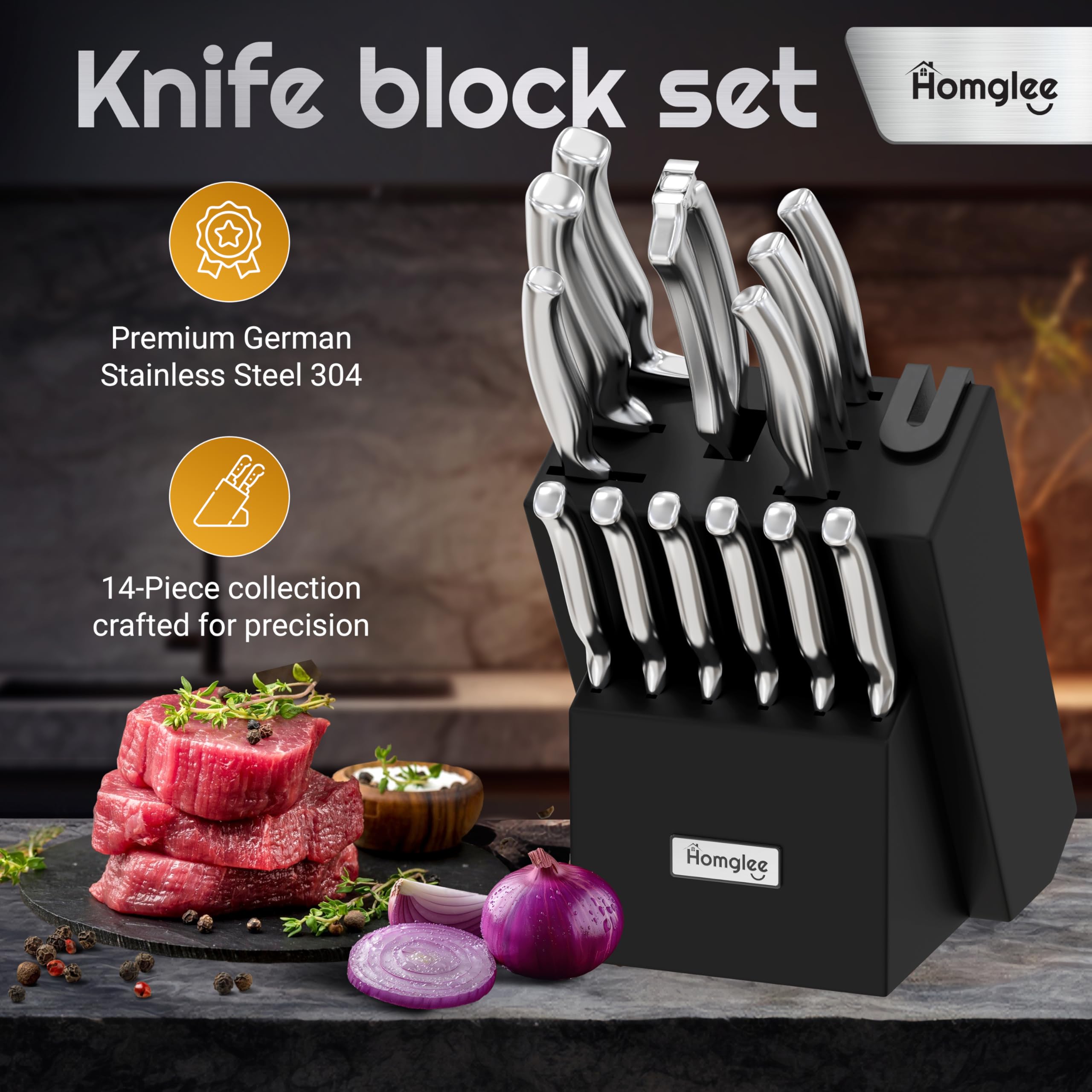 HOMGLEE Knife Set – 14 Pieces Kitchen Knife Set with Block – German Stainless Steel Knife Block Set – Pine Wood Knife Block – Built in Knife Sharpener, Dishwasher Safe, Ergonomic Handle Knives, Black