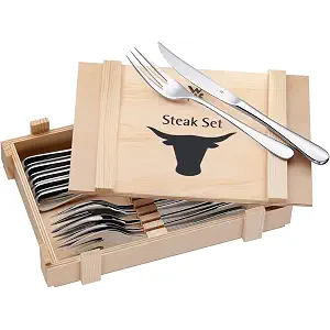 WMF Steak Set - Cubiertos para Carne 12 piezas para 6 Personas, Juego de Cuchillos para carne y Tenedor para Carne, Acero Inoxidable Cromargan Pulido en Caja Madera