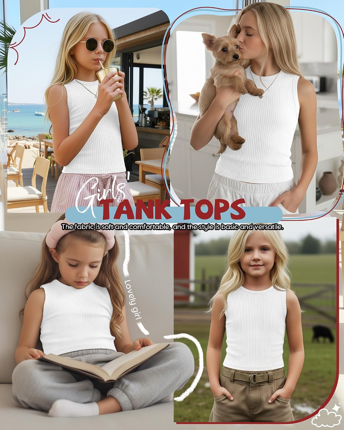 Girls' Tank Tops Ribbed Crew Neck Sleeveless Undershirts Wide Strap Camisole Kids Basic Stretchy Summer Shirts