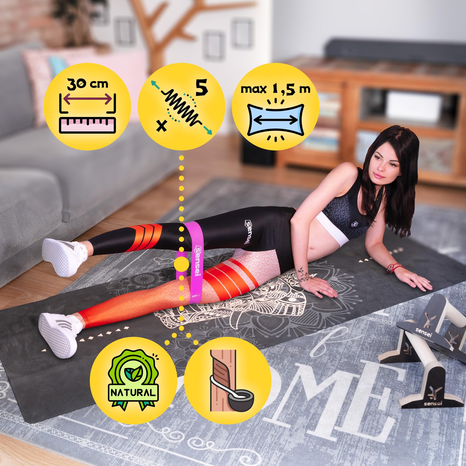 SENSEI® Bandes Élastiques Set – 5 Bandes de Résistance en Latex Naturel avec Différents Niveaux pour Entraînement, Fitness et Pilates
