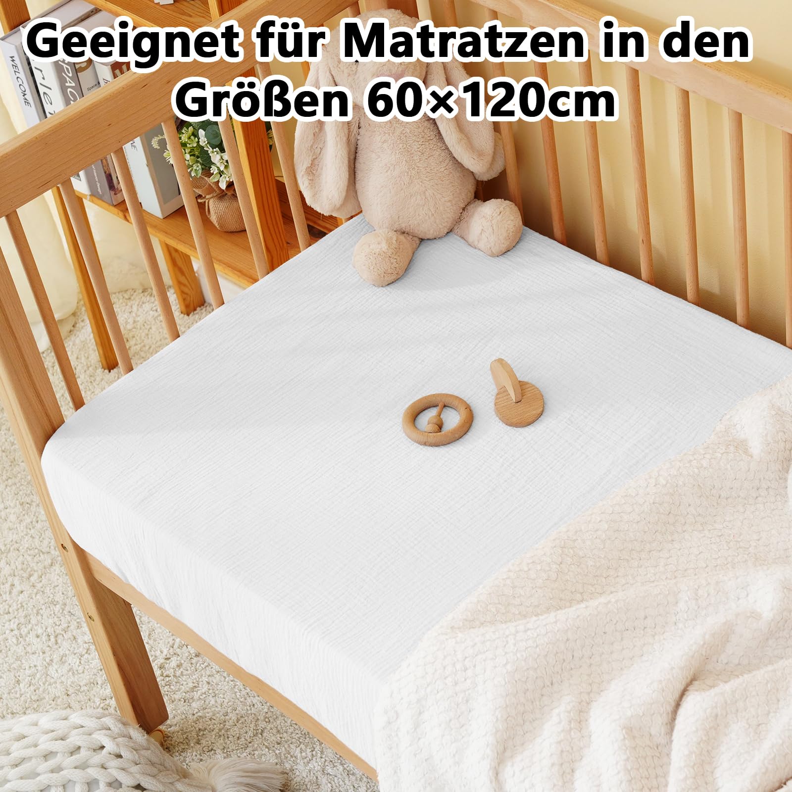 Fitted Sheet for Baby Cot 60 x 120 cm - 100% Cotton Muslin Baby Fitted Sheet with Elasticated Edge, Soft and Breathable Baby Bed Sheet for Cot Cot Bed Side Cot (White, 60 x 120 cm) — view 6